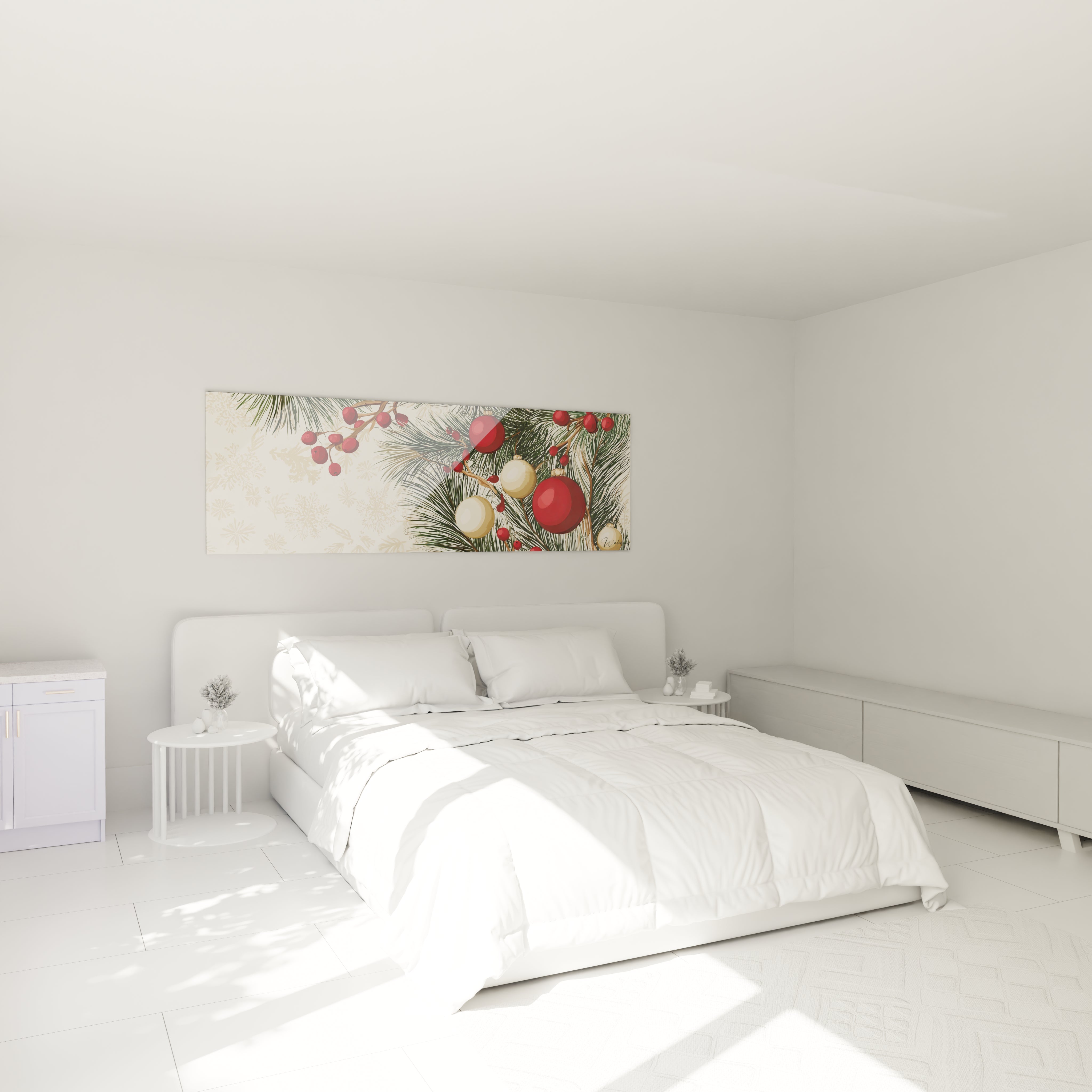 Tableau décoratif Noël boules rouges accroché au-dessus d'un lit blanc dans une chambre lumineuse