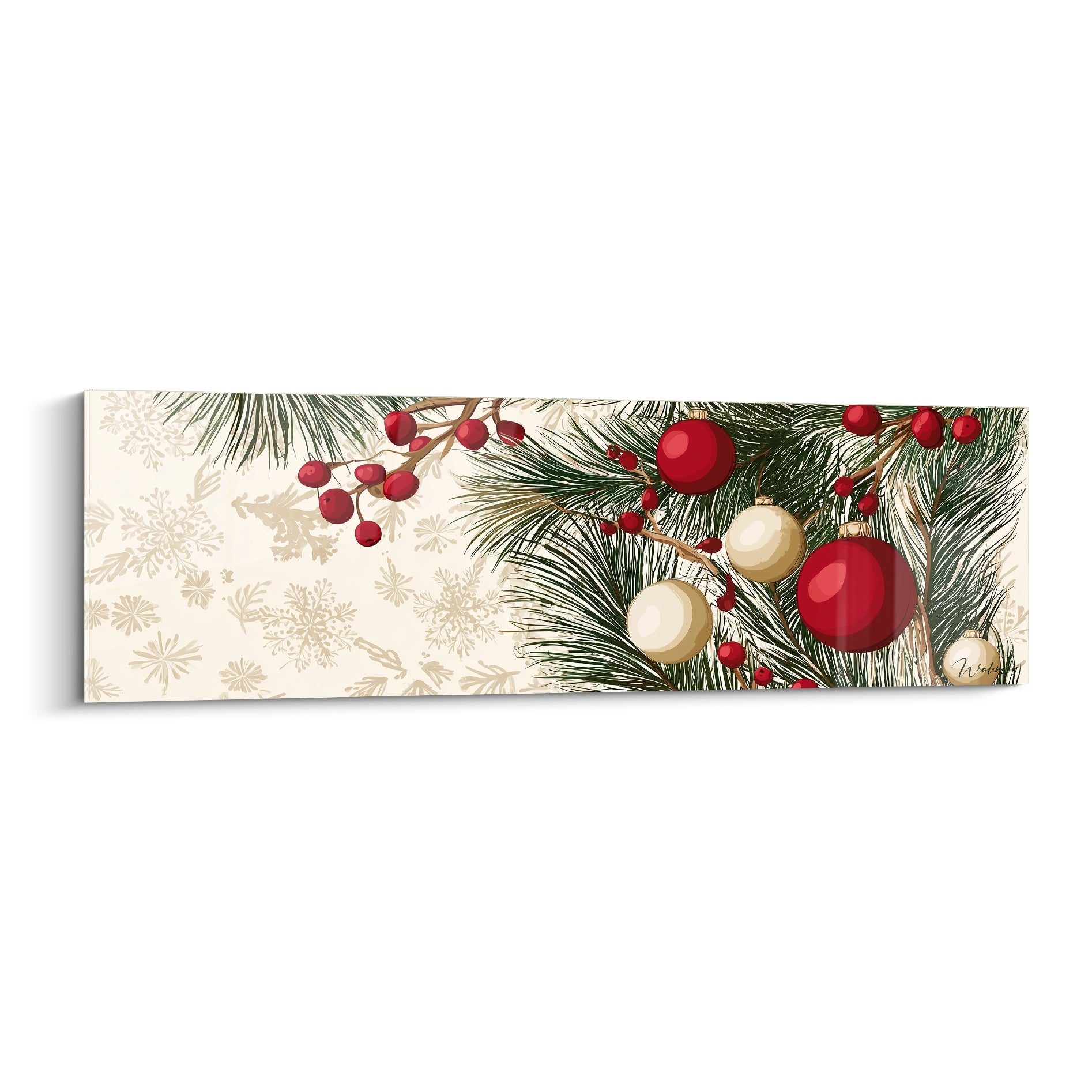 Tableau décoratif Noël boules rouges avec des motifs de pin et des flocons de neige