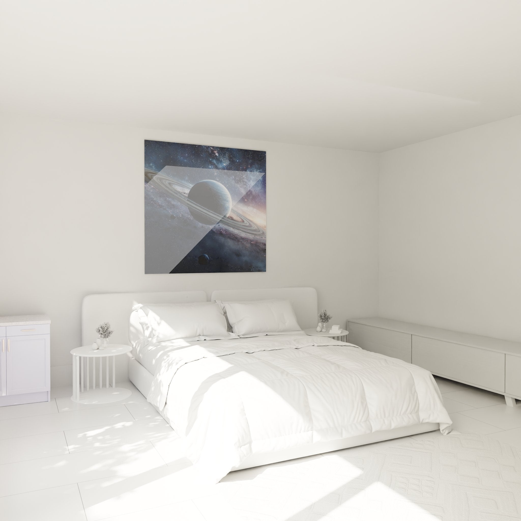 Tableau décoratif Saturne installé dans chambre moderne avec ambiance spatiale relaxante
