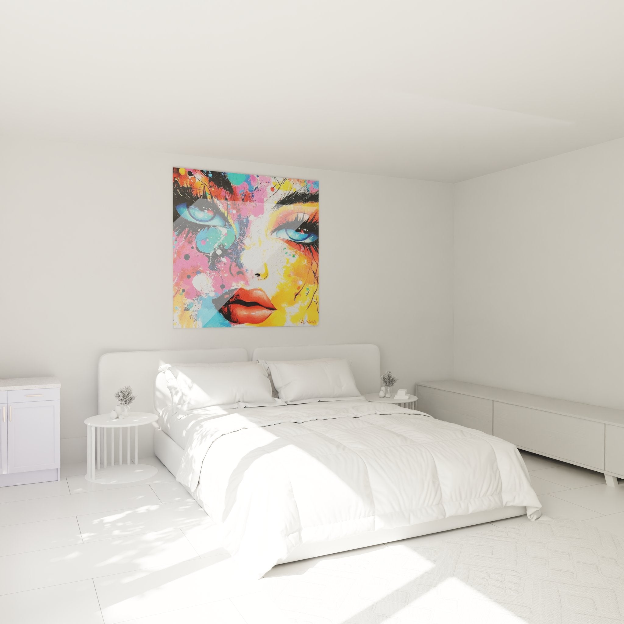 Tableau décoratif visage coloré dans ambiance chambre moderne - Décoration murale artistique contemporaine