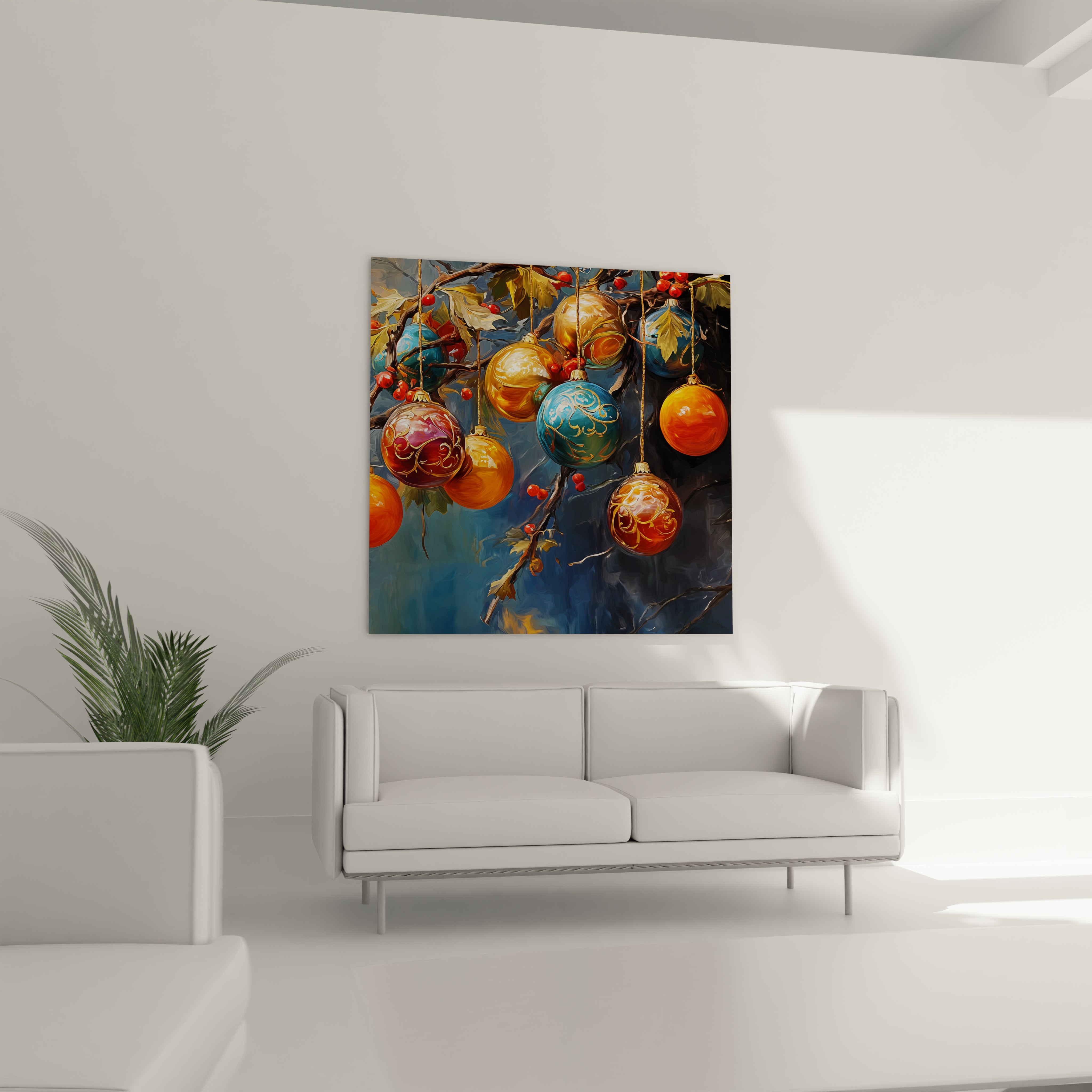 Tableau décoration boules de Noël accroché au mur avec des couleurs vives et festive dans un salon moderne