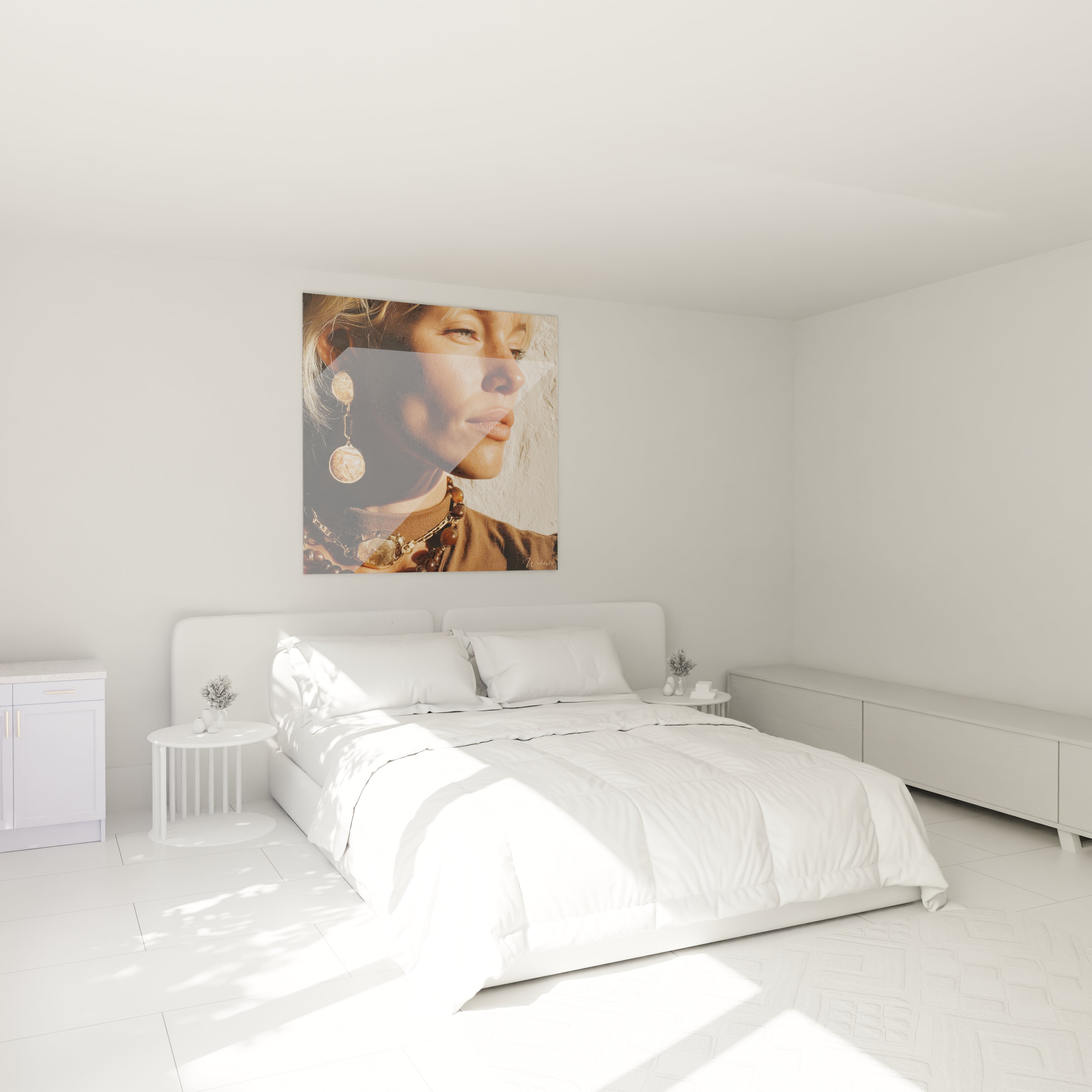 Tableau décoration élégance féminine de Walensky dans une chambre lumineuse avec lit blanc