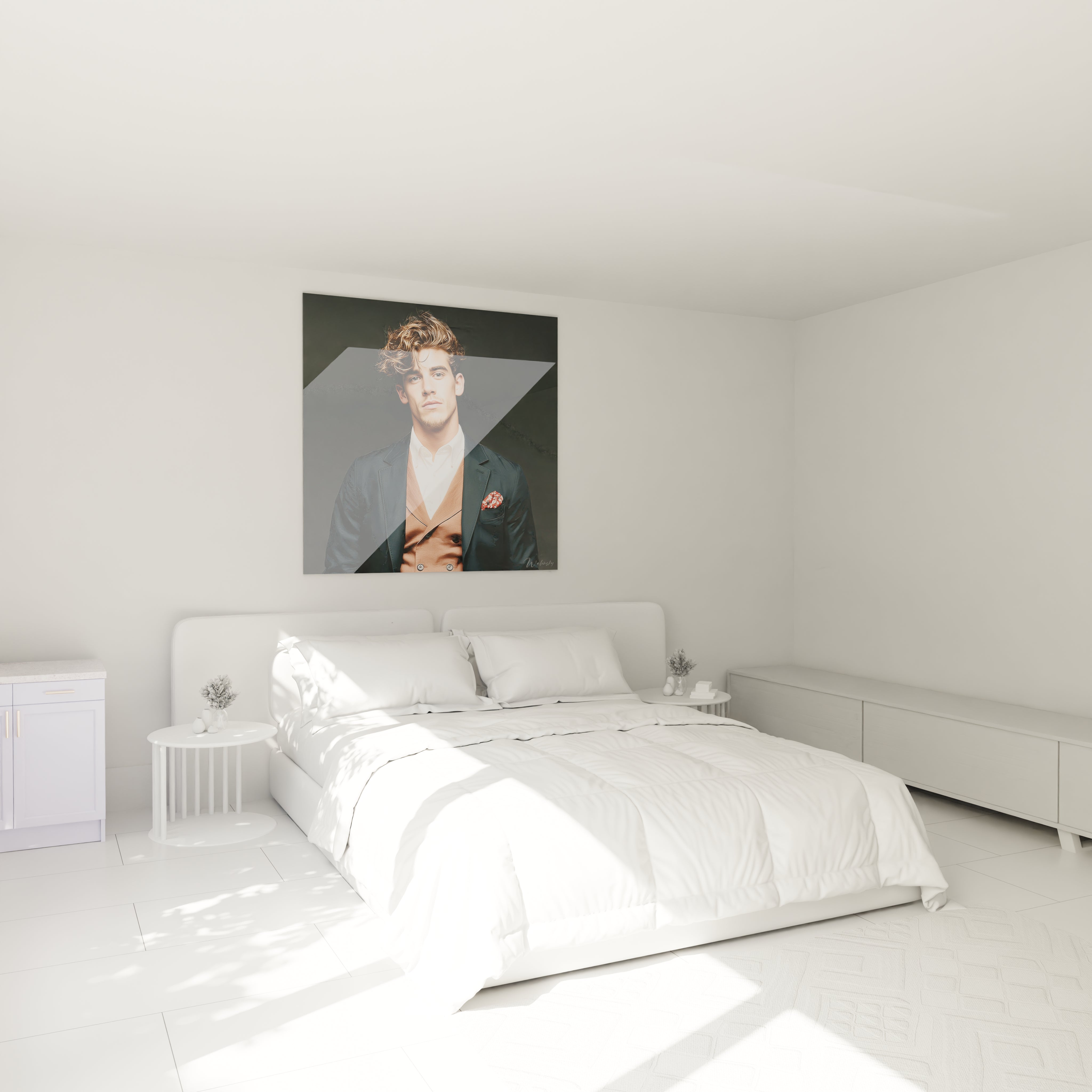 Tableau décoration homme élégant de Walensky accroché au mur dans une chambre lumineuse et moderne