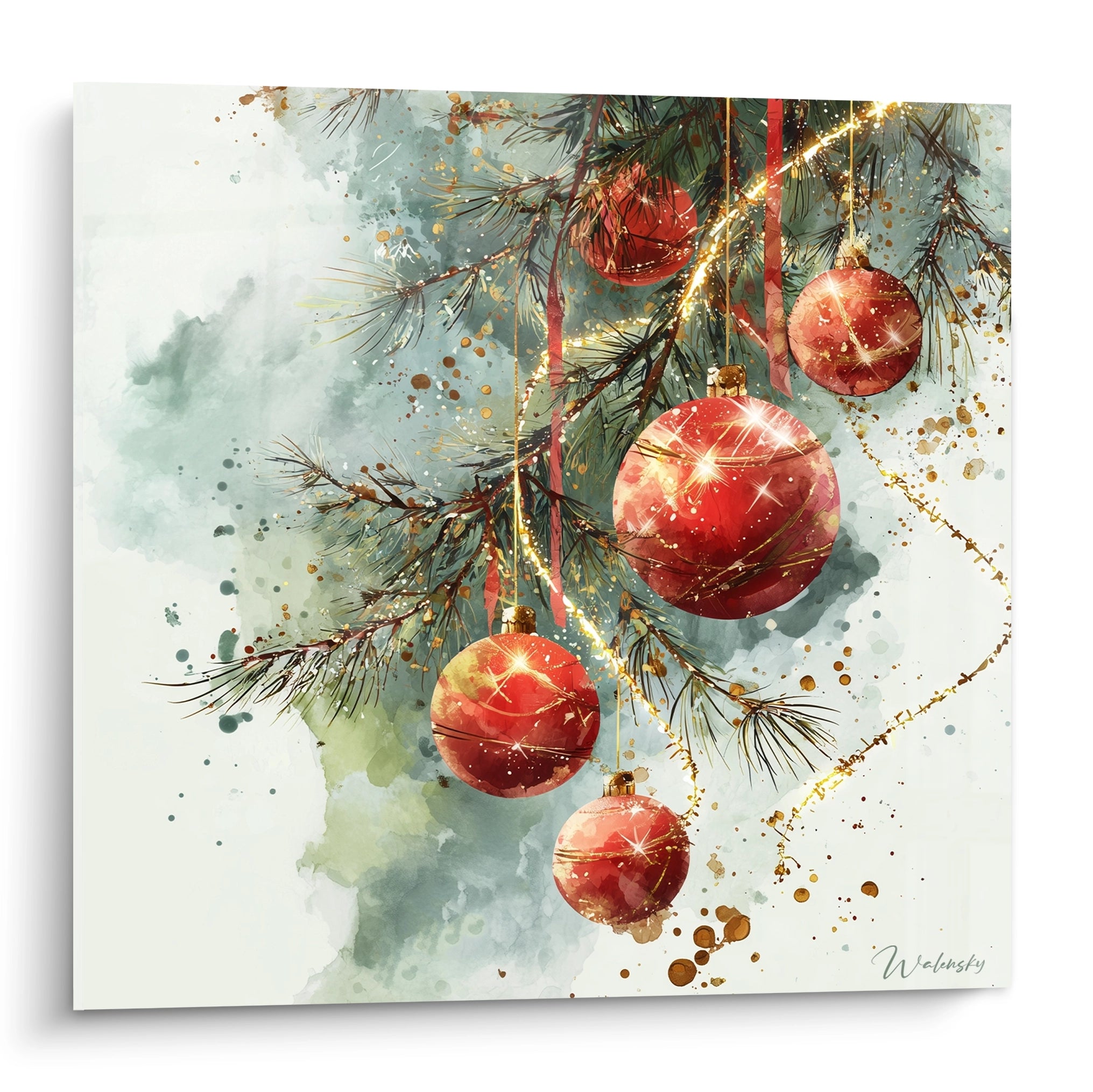 Tableau décoration Noël avec boules rouges et branches de sapin dans un design artistique