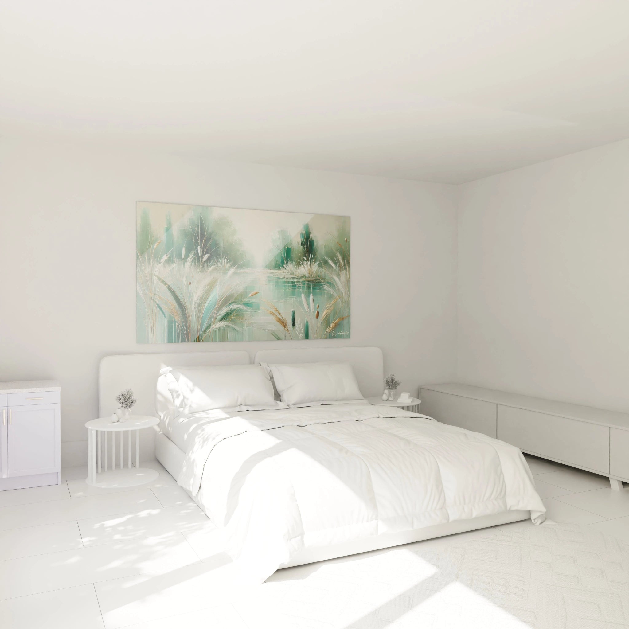 Dans la chambre, ce tableau decoration paysagere s'accroche au mur au-dessus du lit, apportant une touche de calme et de beauté etheree pour des nuits de repos paisible.

