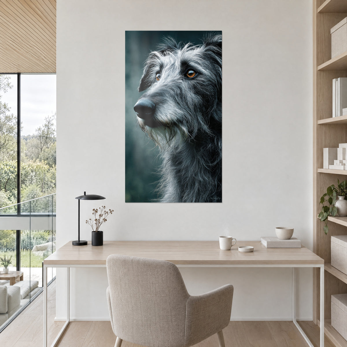 Πίνακας Deerhound με γυαλιστερή μαύρη μύτη, γκρι και λευκό τρίχωμα σε φόντο γκρι-πράσινο, λευκός τοίχος γραφείου από ανοιχτόχρωμο ξύλο