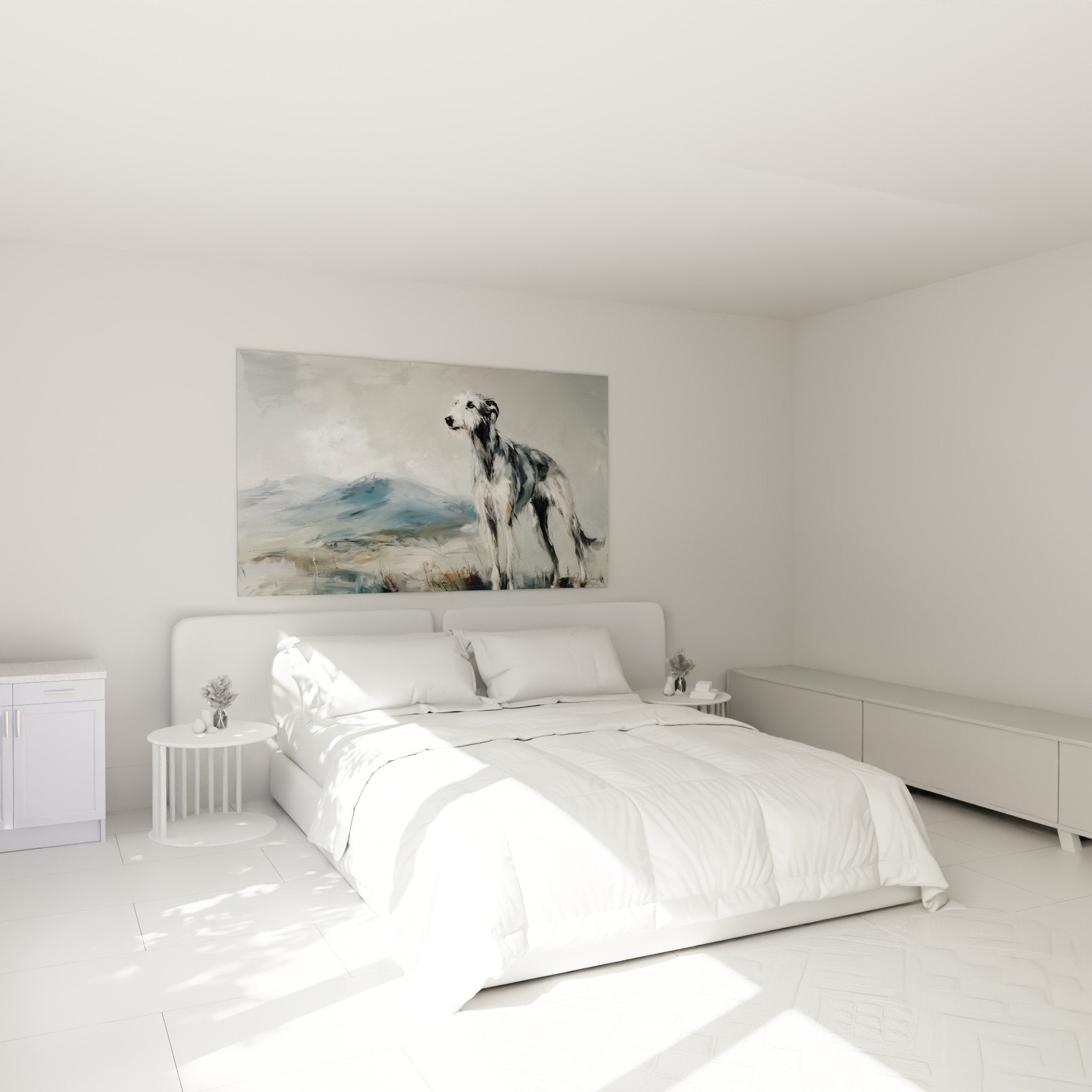 Grauer Deerhound Kunstdruck im Schlafzimmer elegant an der Wand - Deerhound Edition
