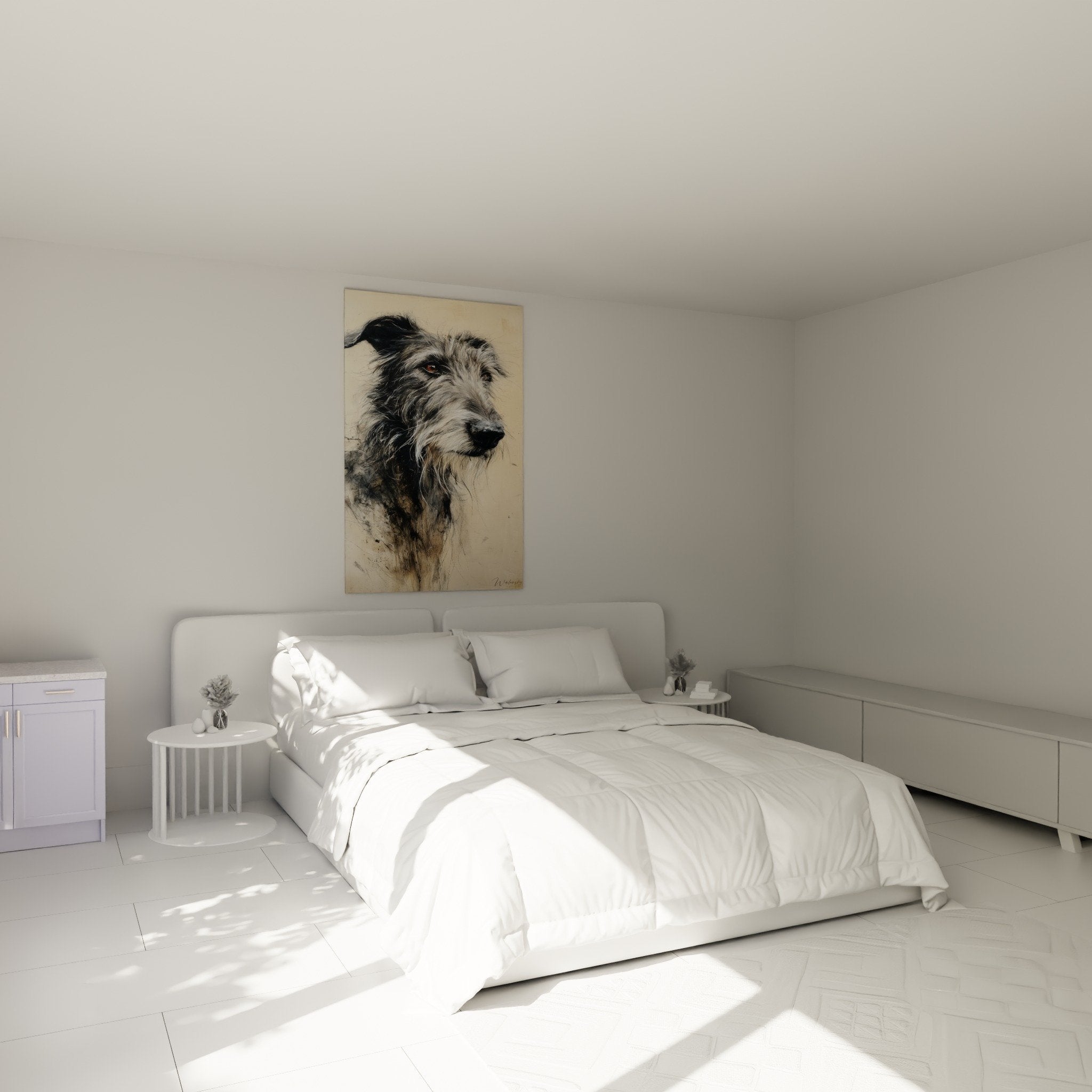 Porträt von grauem und sepiabraunem Deerhound in modernem Schlafzimmer, weiße Wand, elegante und minimalistische Dekoration