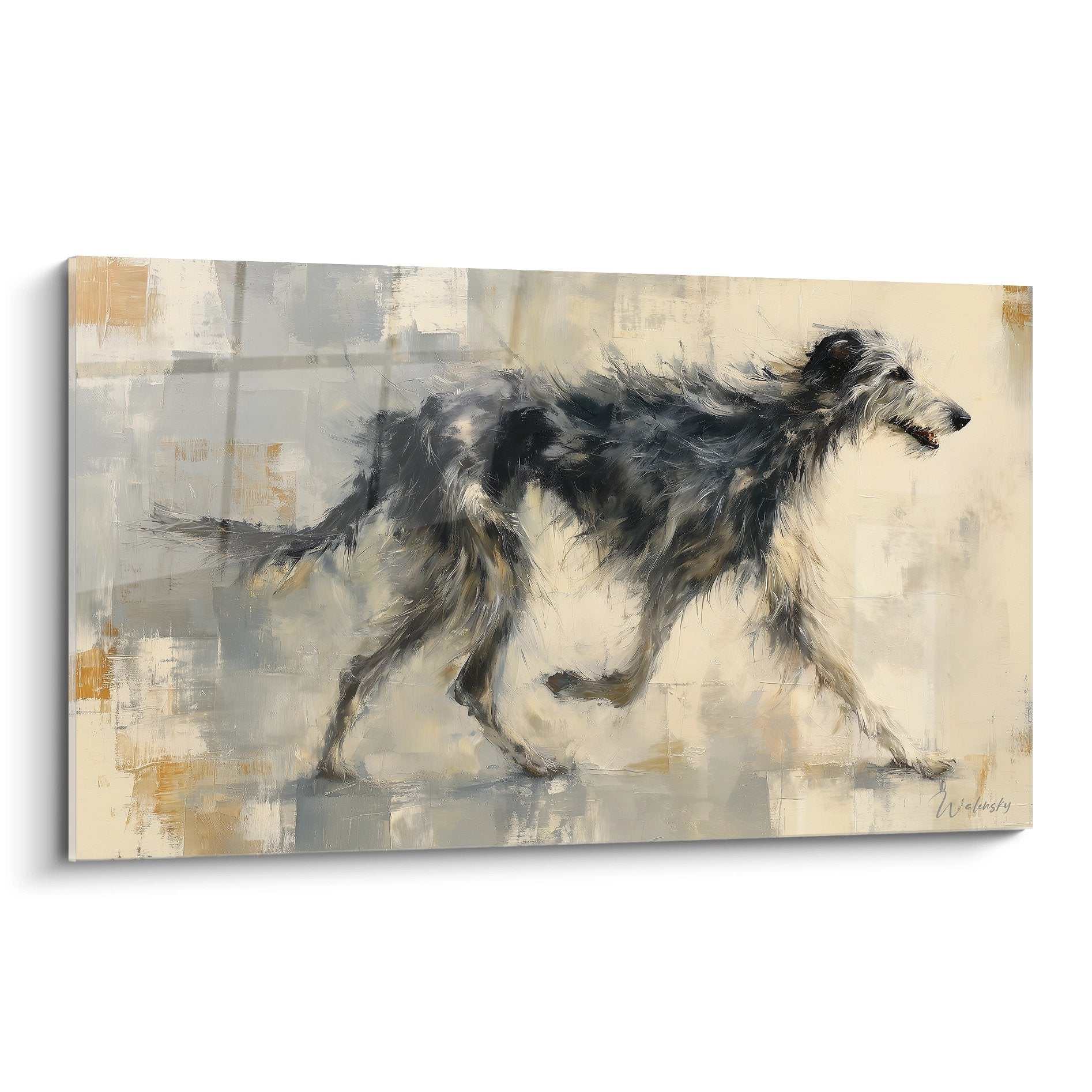 Abstraktes Gemälde Deerhound grau weiß im Lauf dynamische Bewegung beiger Hintergrund zeitgenössisch