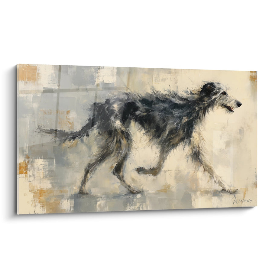Grau-Weißer Hund im Laufen Abstrakte Malerei - Wilde Instinkte - Deerhound Edition