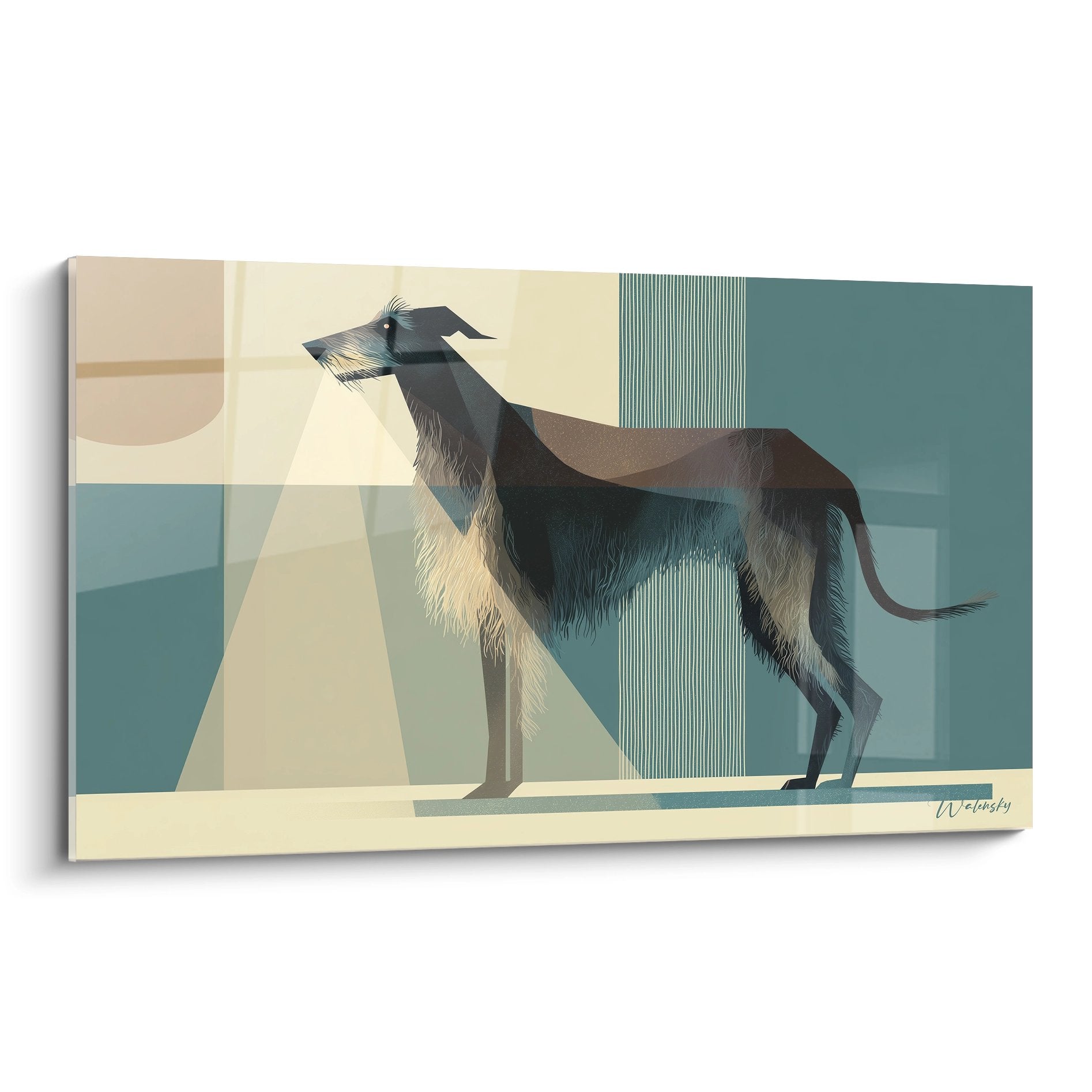 Modernes Gemälde Deerhound geometrischer Stil blau beige abstraktes Porträt schottischer Windhund zeitgenössische Kunst