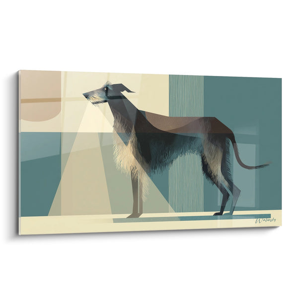Cuadro Deerhound Retrato Abstracto Tonos Azules y Beiges - Elegancia Geométrica - Edición Deerhound