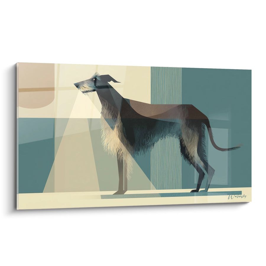 Deerhound-Porträt Gemälde Abstrakt Blau- und Beigetöne - Geometrische Eleganz - Deerhound Edition