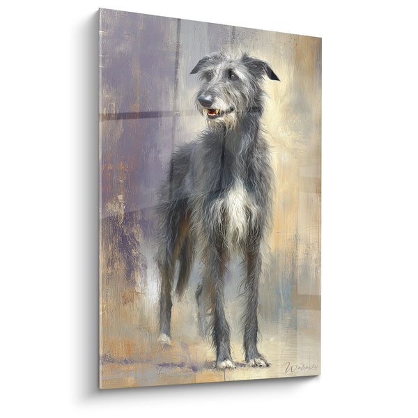 Cuadro Deerhound Plateado en Posición de Pie sobre Fondo Abstracto Ocre y Malva - Noble Presencia - Edición Deerhound