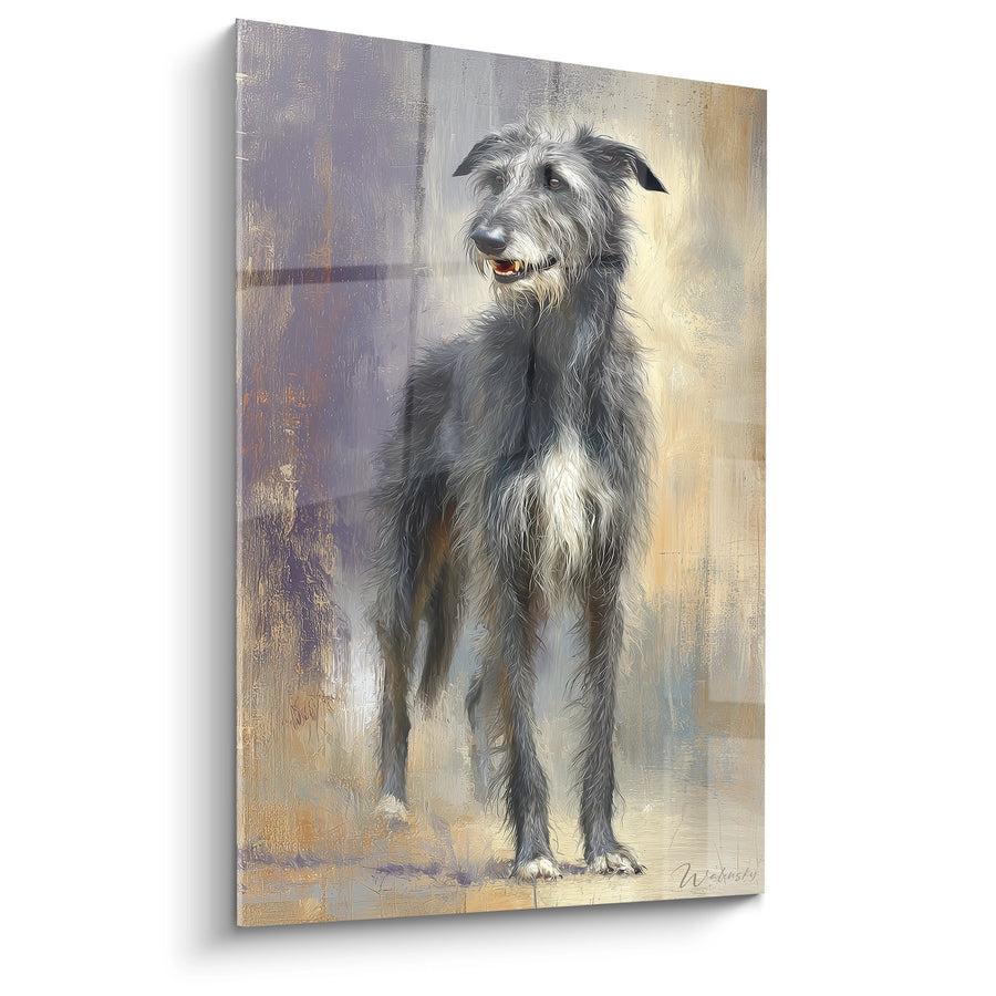 Gemälde Silbergrauer Deerhound im Stehen auf abstraktem Ocker- und Violetthintergrund - Edle Präsenz - Deerhound Edition