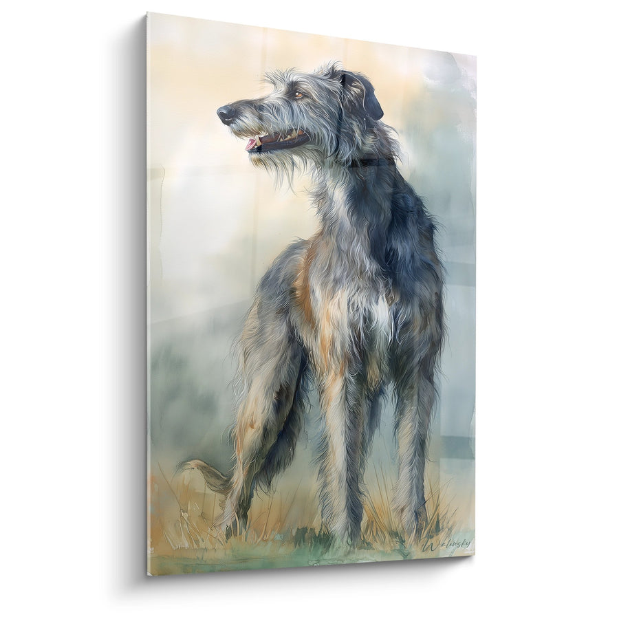 Deerhound Tableau grau und beige, sitzend im hohen Gras - majestätisches Porträt - Deerhound Edition