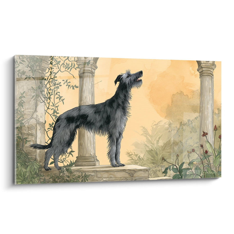 Deerhound-Gemälde Grau mit Goldenen Säulen in antiker Garten - Zeitlose Eleganz - Deerhound Edition