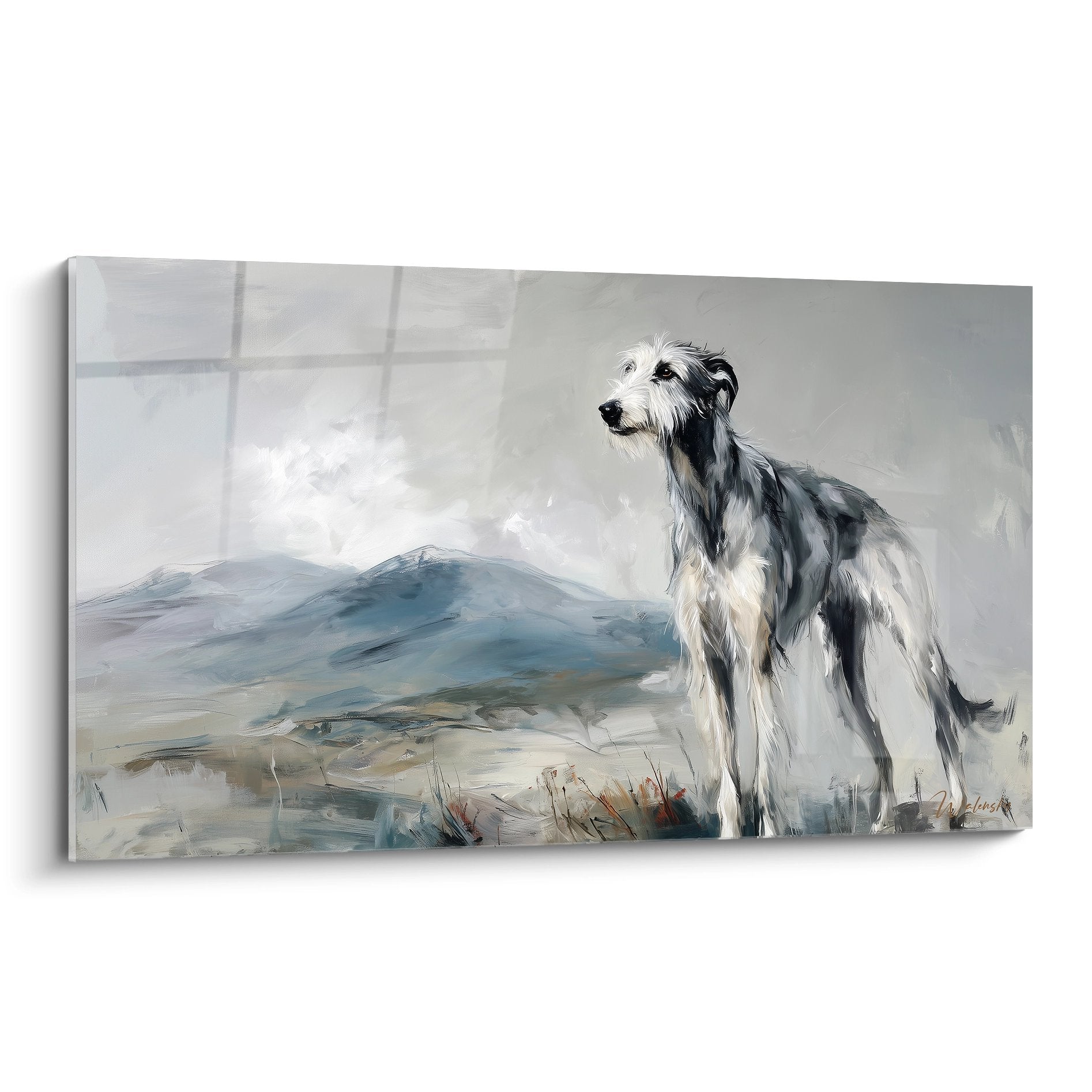 Grises Deerhound-Gemälde in eleganter neblig ländlicher Landschaft - Deerhound Edition