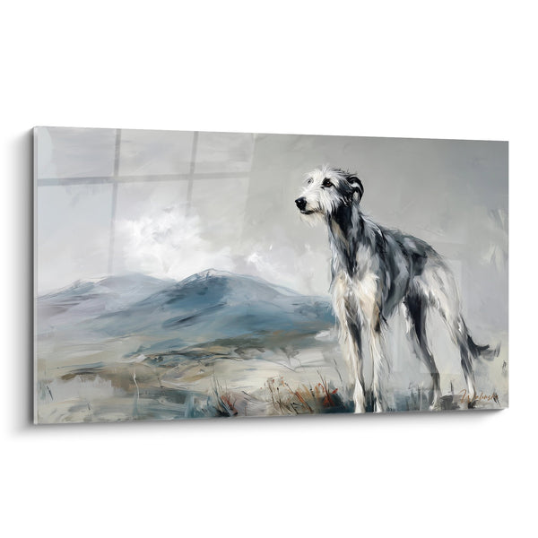 Cuadro Deerhound en tonos grises en un paisaje pastoral brumoso - Elegancia salvaje - Edición Deerhound