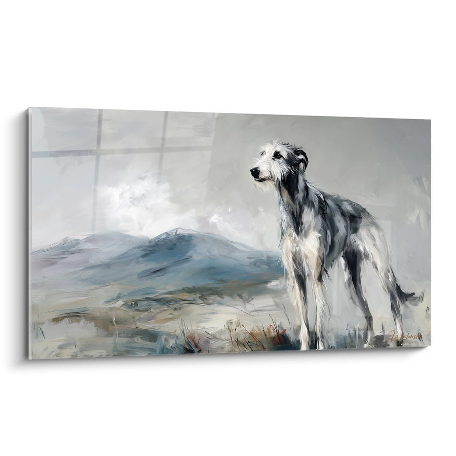 Deerhound-Gemälde mit Grautönen in nebeligem Landschaftshintergrund - Wilde Eleganz - Deerhound Edition