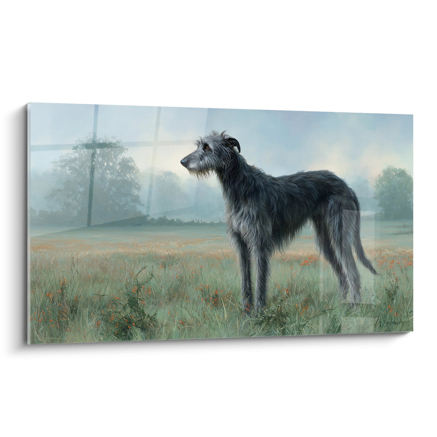 Deerhound-Gemälde Schwarz und Grau am Horizont in nebligem Feld - Kanine Majestät - Deerhound-Edition
