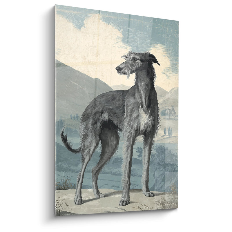 Deerhound-Gemälde Schwarz und Grau mit strubbigem Haar in Berglandschaft - Altes Hunde-Porträt - Deerhound-Edition