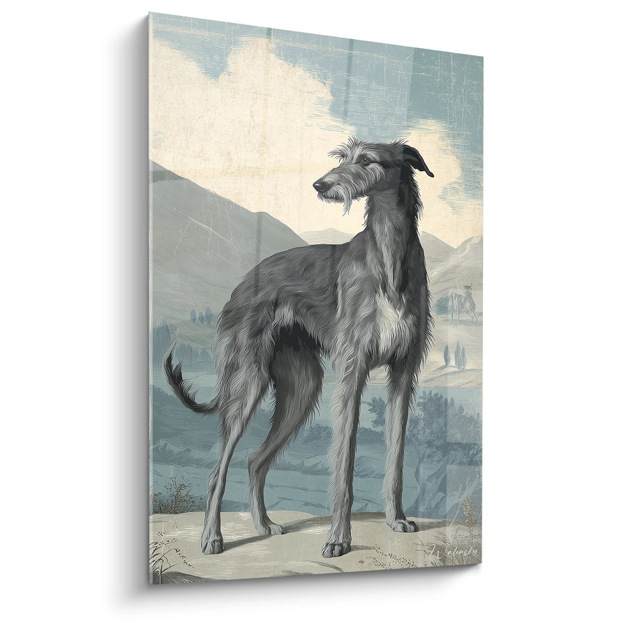 Deerhound-Gemälde Schwarz und Grau mit strubbigem Haar in Berglandschaft - Altes Hunde-Porträt - Deerhound-Edition
