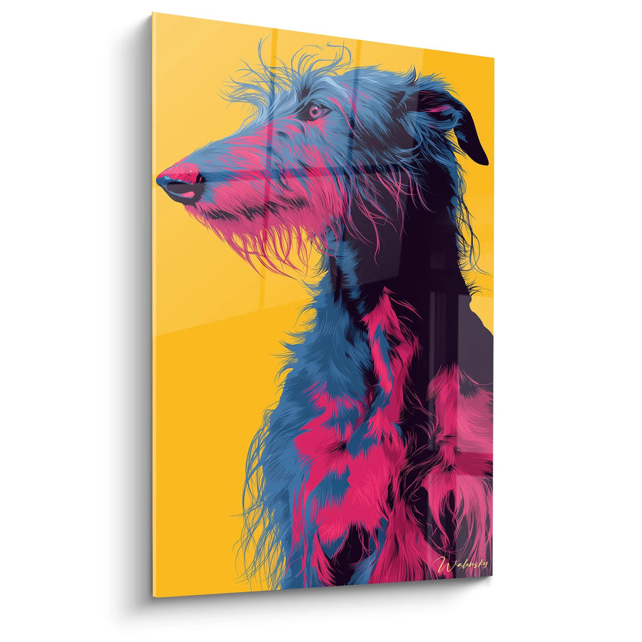 Gemälde Farbiges Seitenprofil-Porträt Blau Rosa auf goldenem Hintergrund – Chromatische Explosion – Deerhound Edition