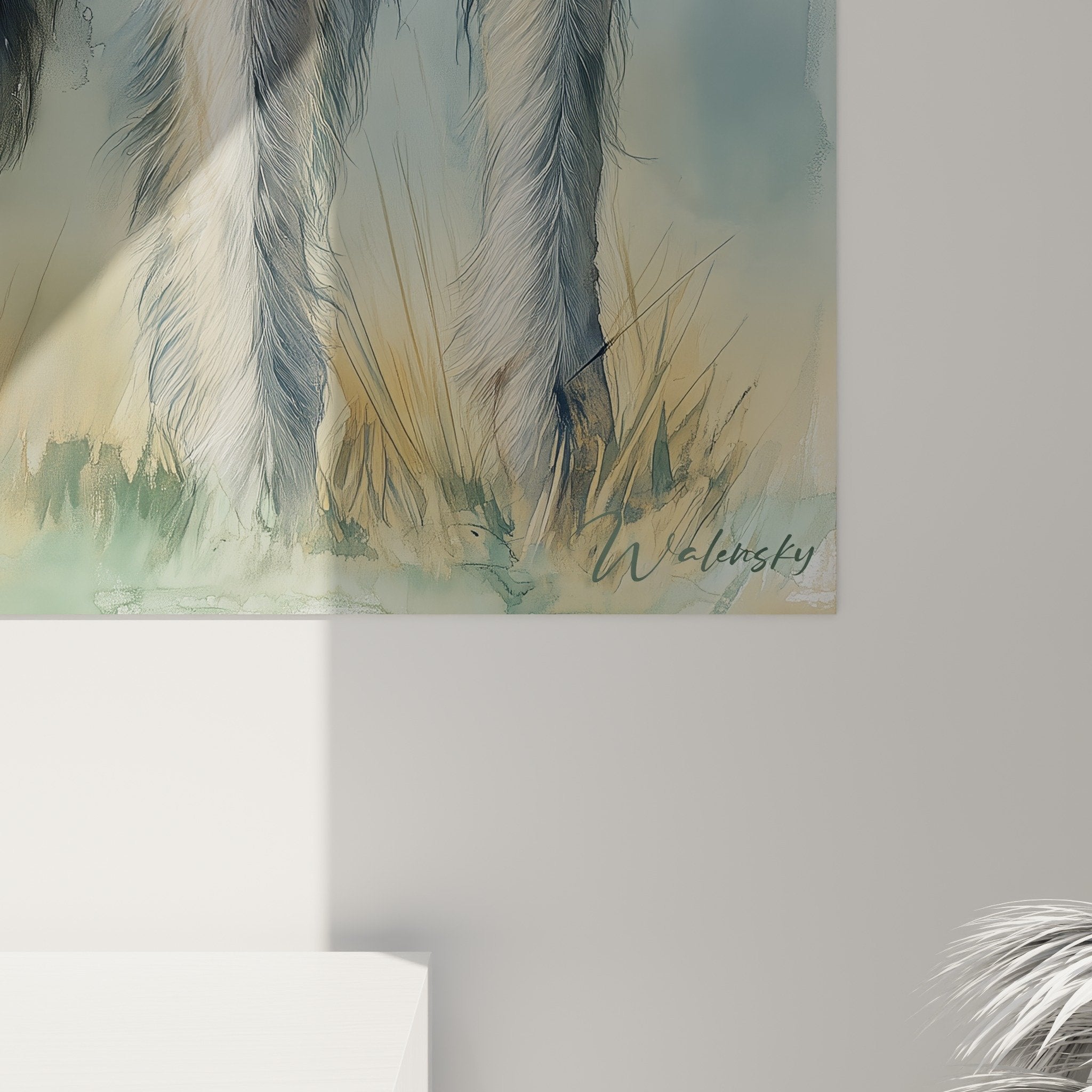Gesamtansicht Deerhound Kunstdruck im Wohnzimmer, Wanddekoration in neutralen Beige- und Grautönen, raffinierte natürliche Atmosphäre