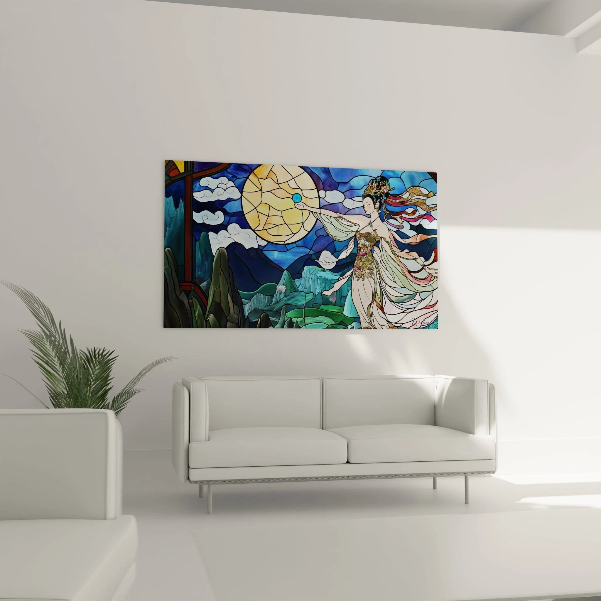 Un tableau vitraux céleste illustrant une divinité féminine élégante aux vêtements flottants multicolores, touchant un cercle lumineux doré, sur fond de montagnes émeraude et de ciel bleu cobalt, avec des segments de couleurs délimités par des contours noirs.
