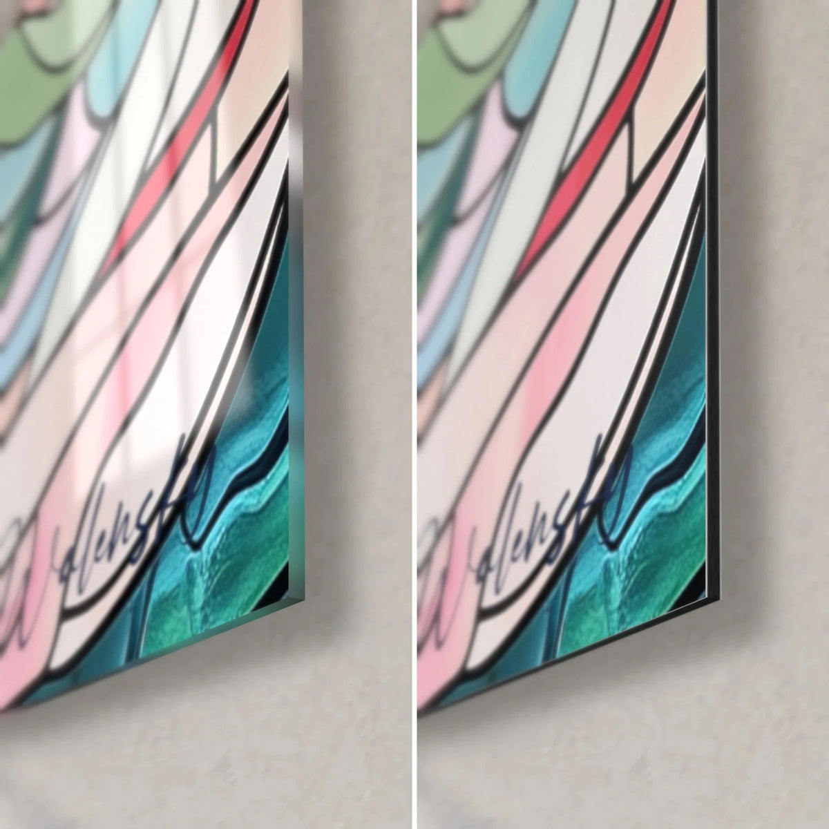 Tableau danseuse aux voiles pastel, vitrail rose et turquoise, coin bas droit en verre brillant et Dibond mat