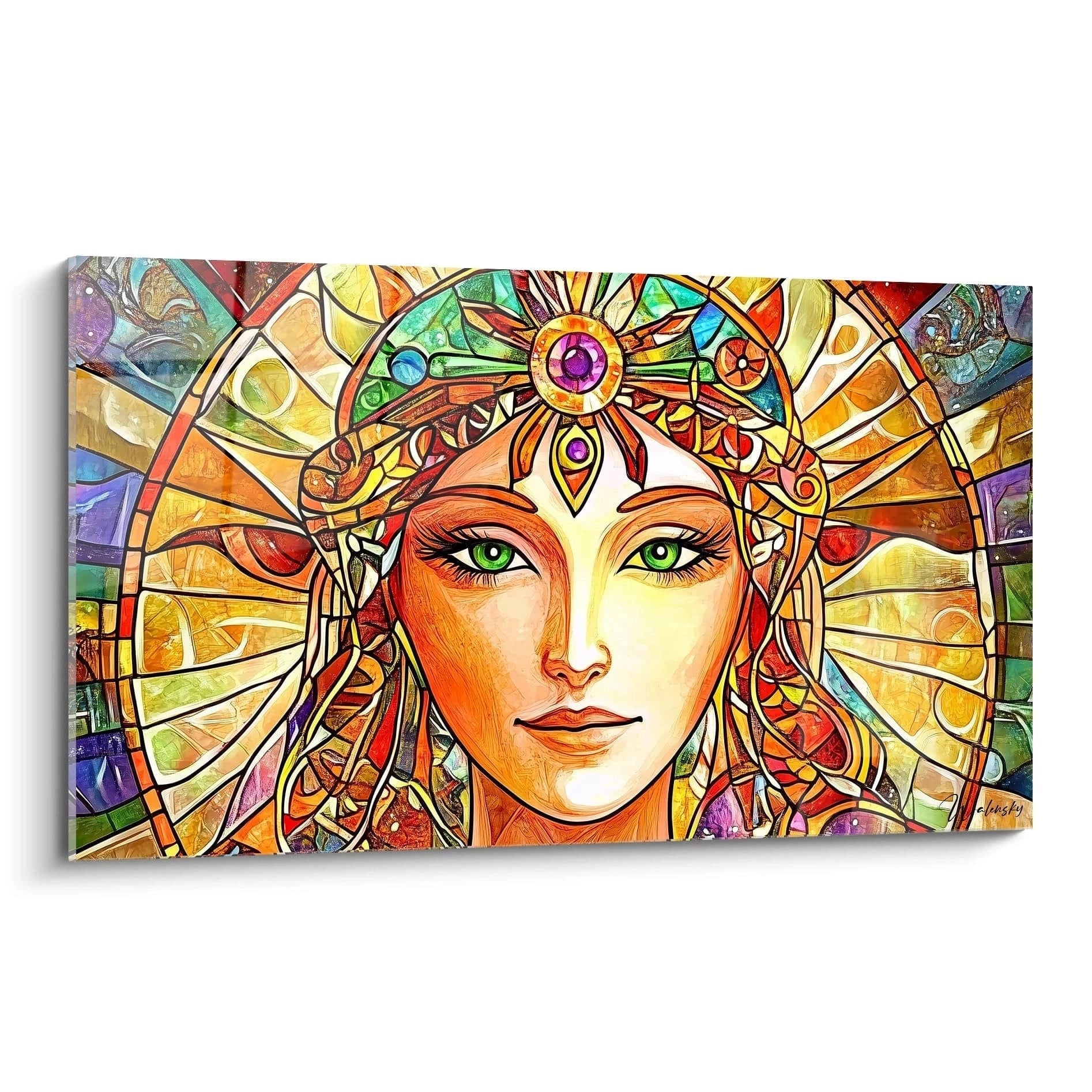 Un tableau vitraux représentant un visage féminin radieux aux yeux verts entouré d'une auréole colorée aux motifs géométriques. Les segments multicolores orange, violet et jaune créent un effet de lumière traversant le verre avec des lignes noires imitant le plomb des vitraux traditionnels.
