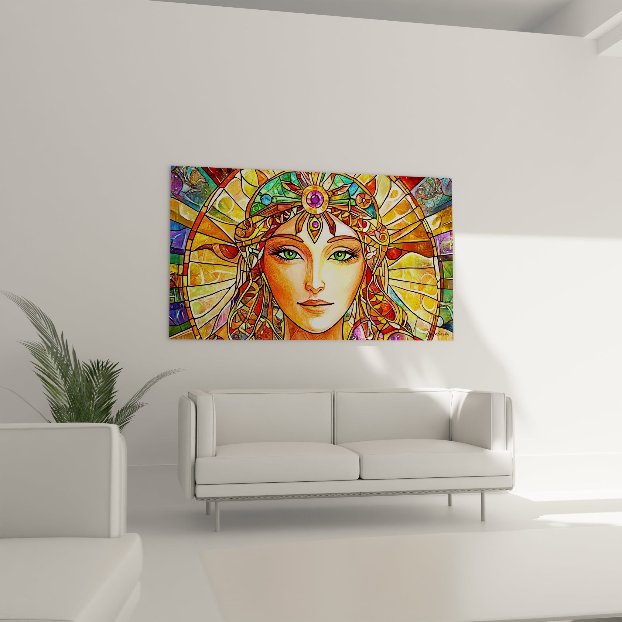 Un tableau vitraux montrant un portrait féminin lumineux avec une expression sereine au centre d'une composition en mosaïque multicolore. Les lignes structurantes noires délimitent chaque segment coloré, créant une illusion de verre translucide où dominent les teintes d'orange, de vert émeraude et de violet dans une composition rayonnante.
