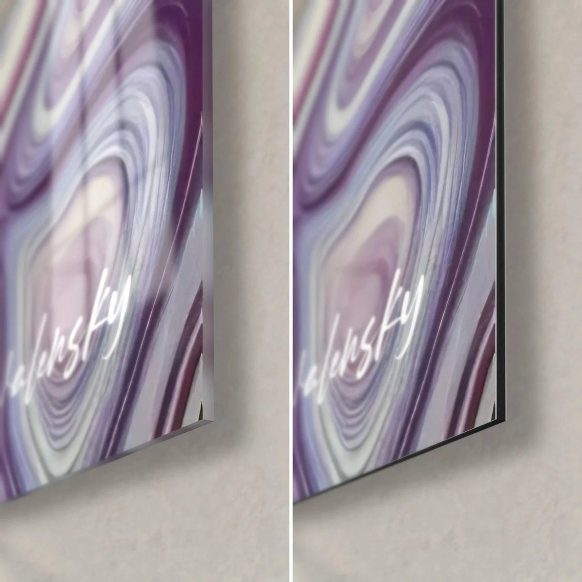 Tableau déferlante pastel turquoise et violet, coin bas droit : verre brillant à gauche, Dibond mat à droite, tranche 3 mm