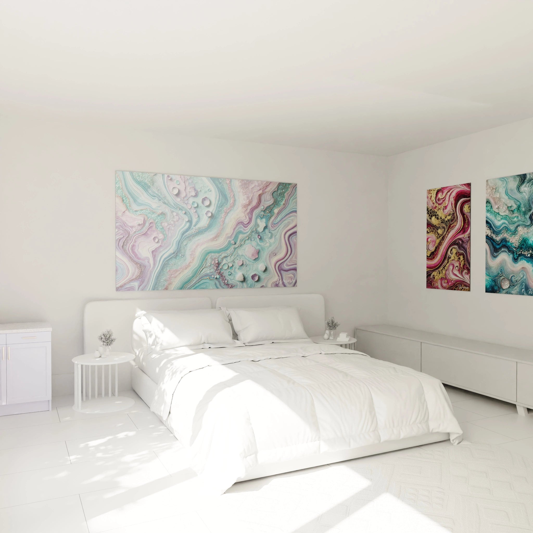 Tableau style epoxy accroché au mur d’une chambre, juste au-dessus du lit. Le mélange de violet, vert et or rose crée une ambiance apaisante et élégante, parfaite pour un espace relaxant.

