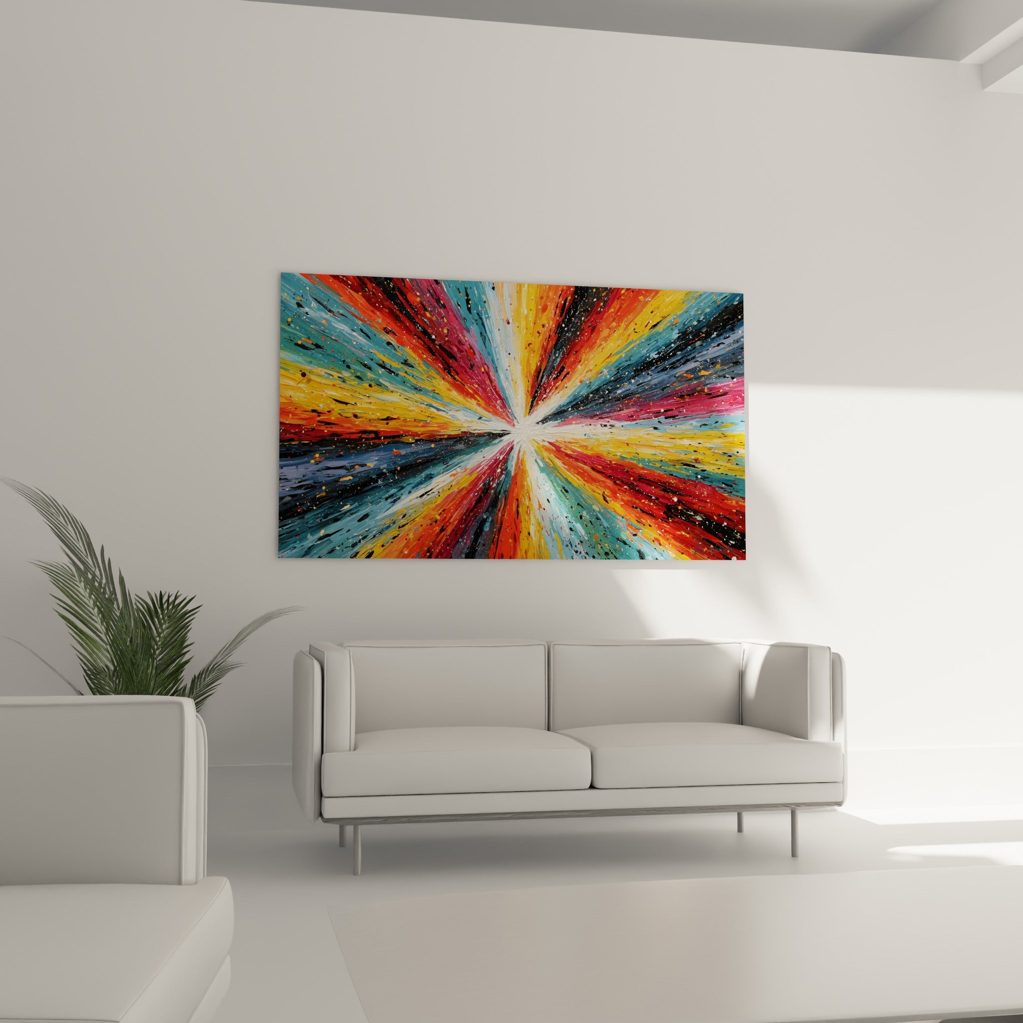 Déflagration chromatique bleu marine et rouge profond, disposée au-dessus d'un canapé dans un salon lumineux