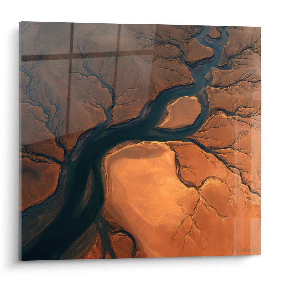 Tableau delta fluvial orange et bleu aux ramifications organiques - Méandres terrestres - Edition Feng shui Nord-Est Terre