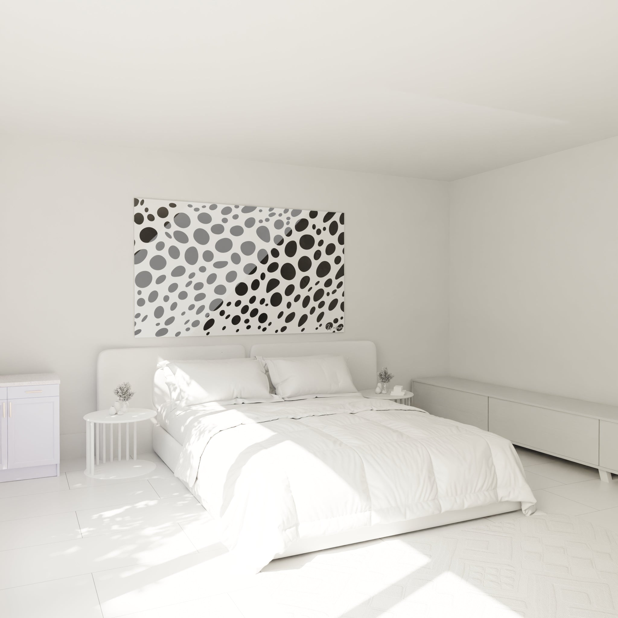Tableau tacheté noir et blanc de Walensky accroché au mur d'une chambre moderne avec lit blanc