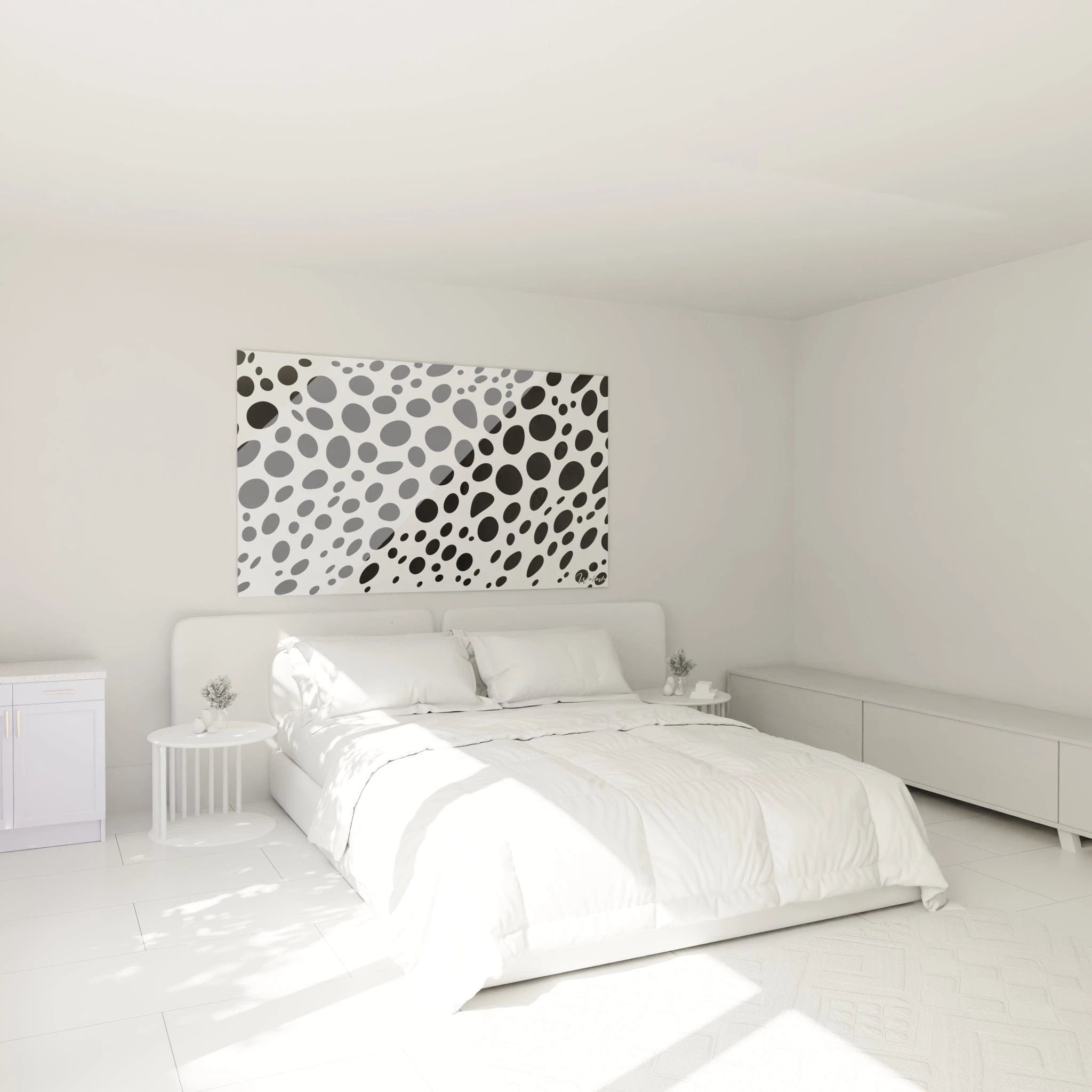 Tableau tacheté noir et blanc de Walensky accroché au mur d'une chambre moderne avec lit blanc
