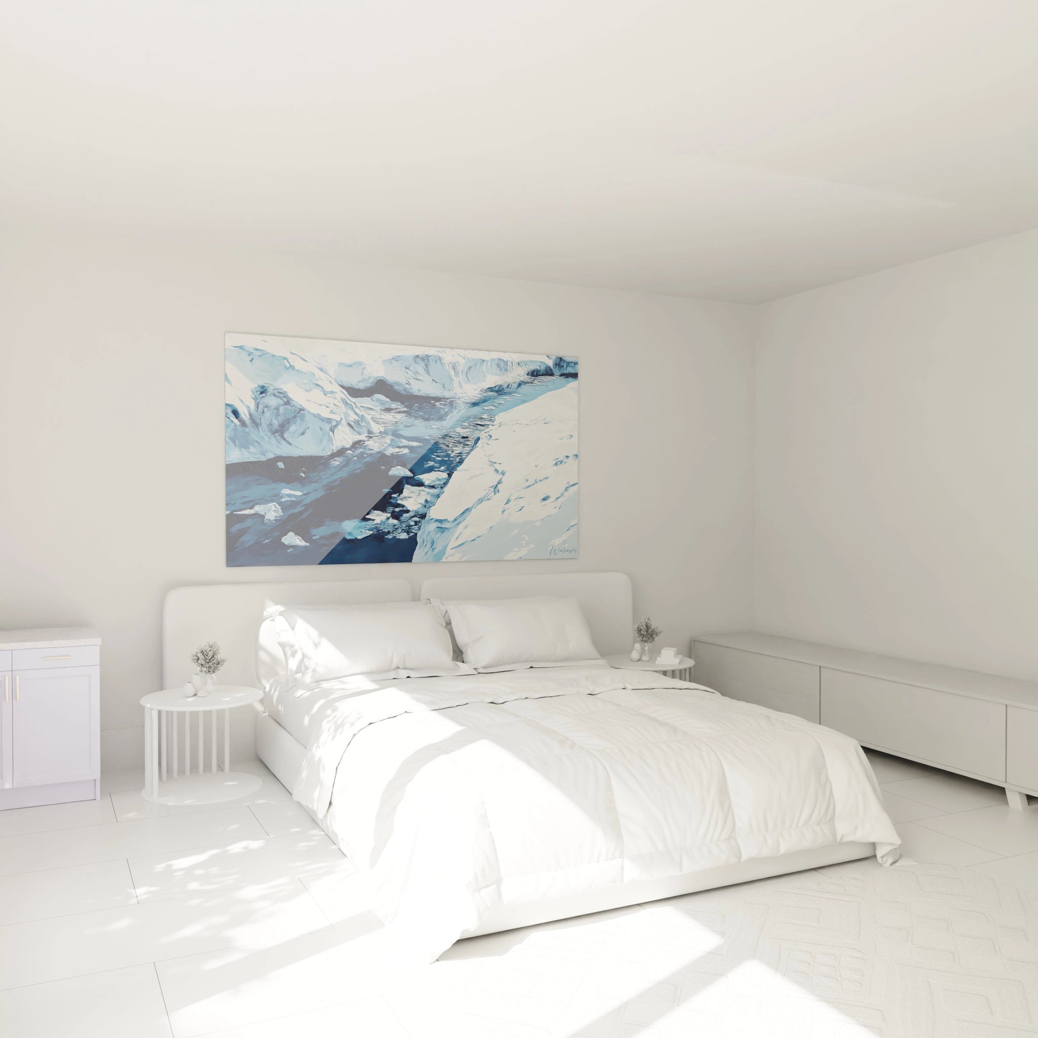 Un tableau glaciaire minimaliste illustrant la rencontre entre un fleuve bleu marine et des massifs de glace blanche, caractérisé par ses textures variées évoquant la surface lisse de l'eau et la rugosité sculptée des parois glacées dans une palette monochrome froide.
