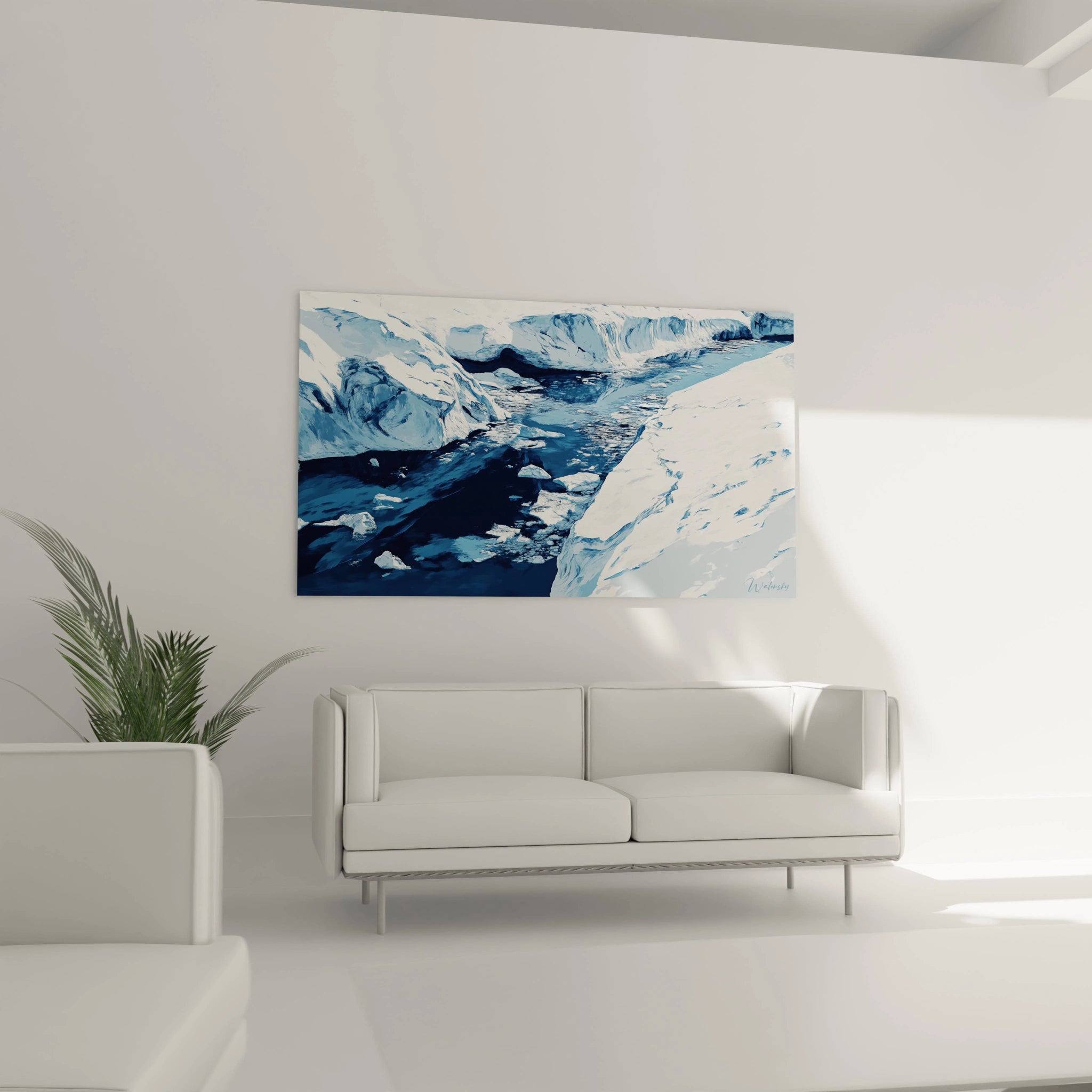 Tableau paysage polaire dépeignant une rivière bleue traversant un environnement arctique, avec des blocs de glace flottants et d'imposantes formations glaciaires blanches encadrant l'eau, créant un jeu de textures et de reflets dans une composition équilibrée aux tons bleus et blancs.
