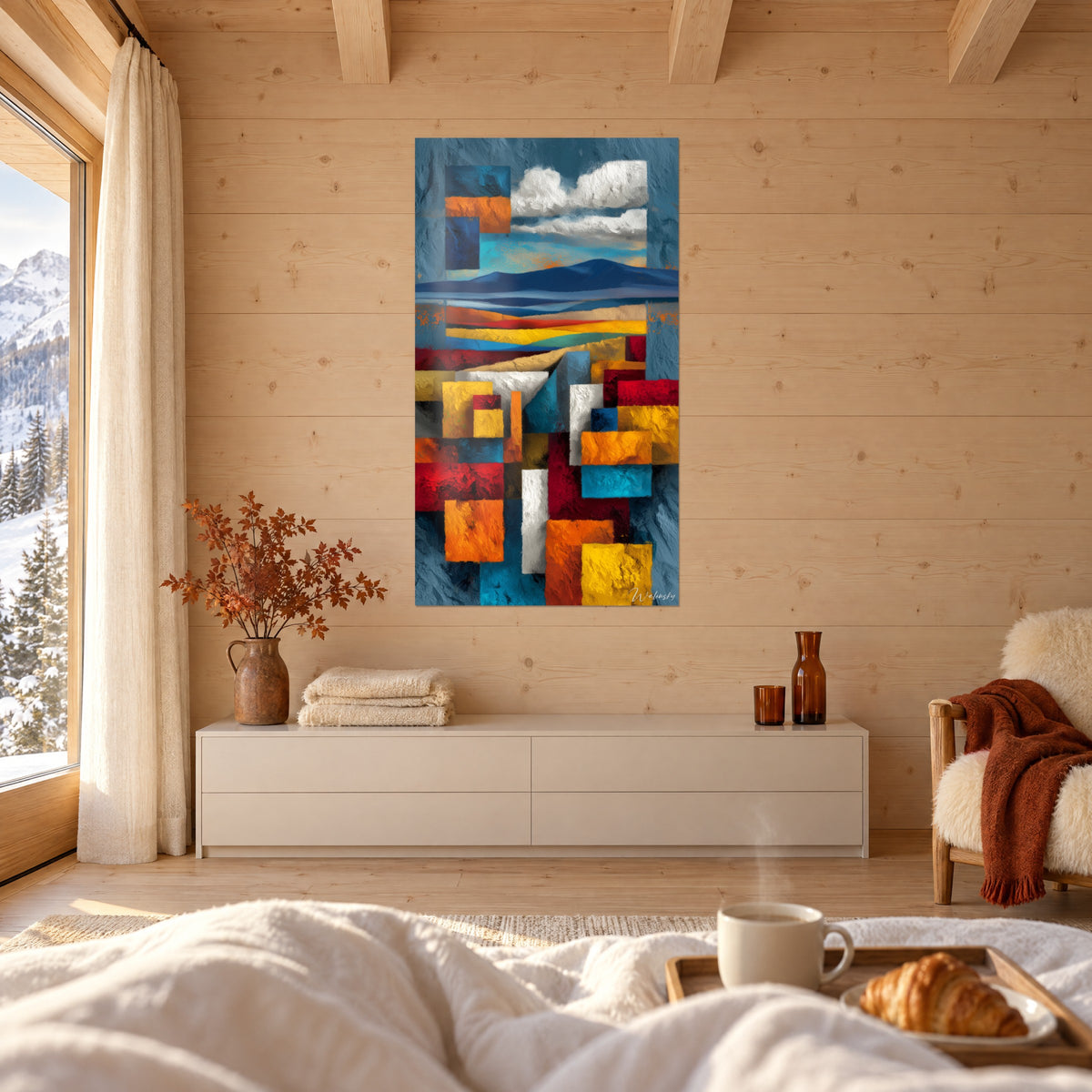 Gemälde mit dunkelblauen Hügeln und goldenen Streifen auf strukturierten karminroten Blöcken, zwei Personen von hinten, über einem Bett in einem hellen Schlafzimmer
