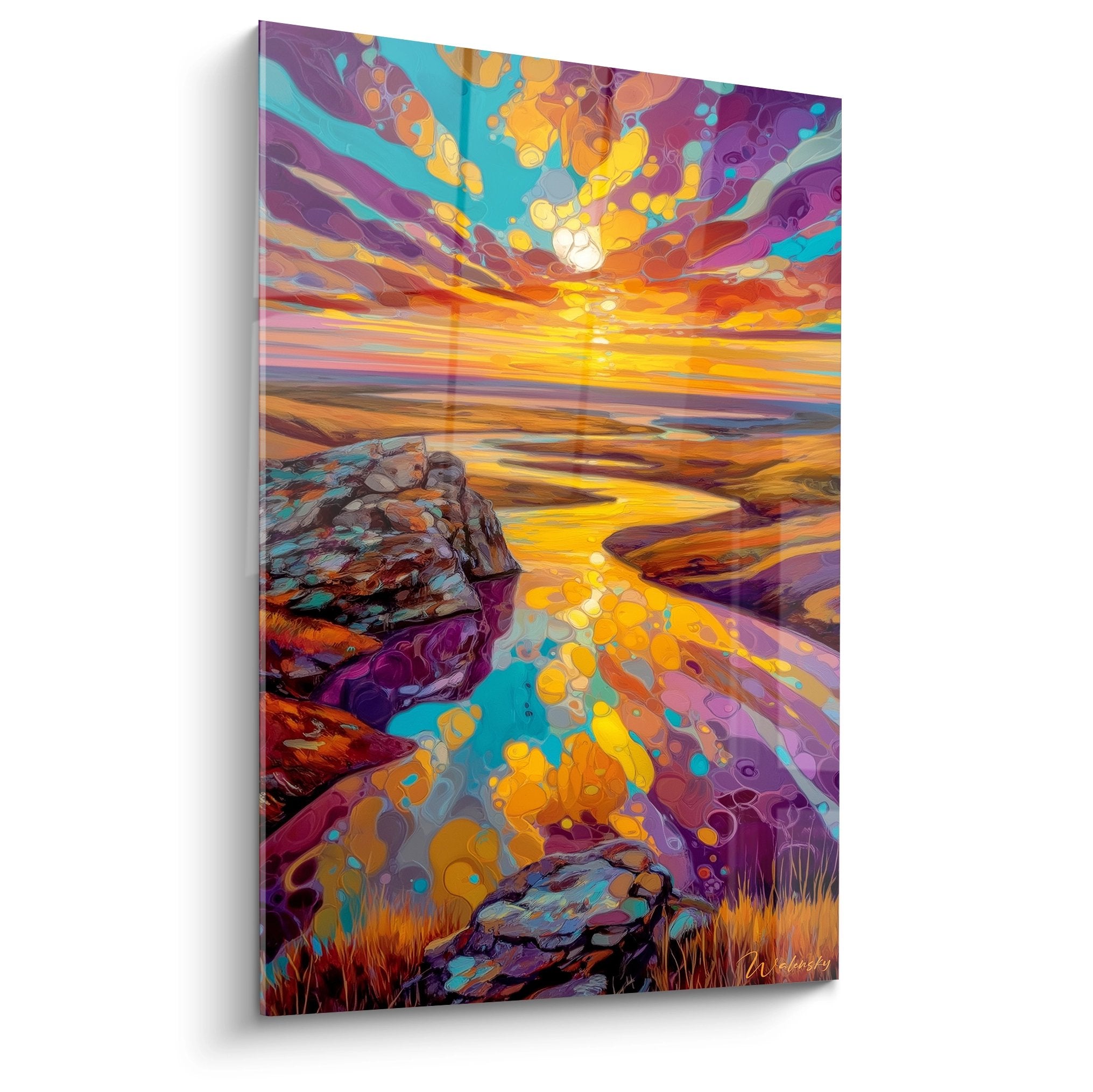 Tableau mural désert psychédélique avec coucher de soleil coloré et rochers fantasy