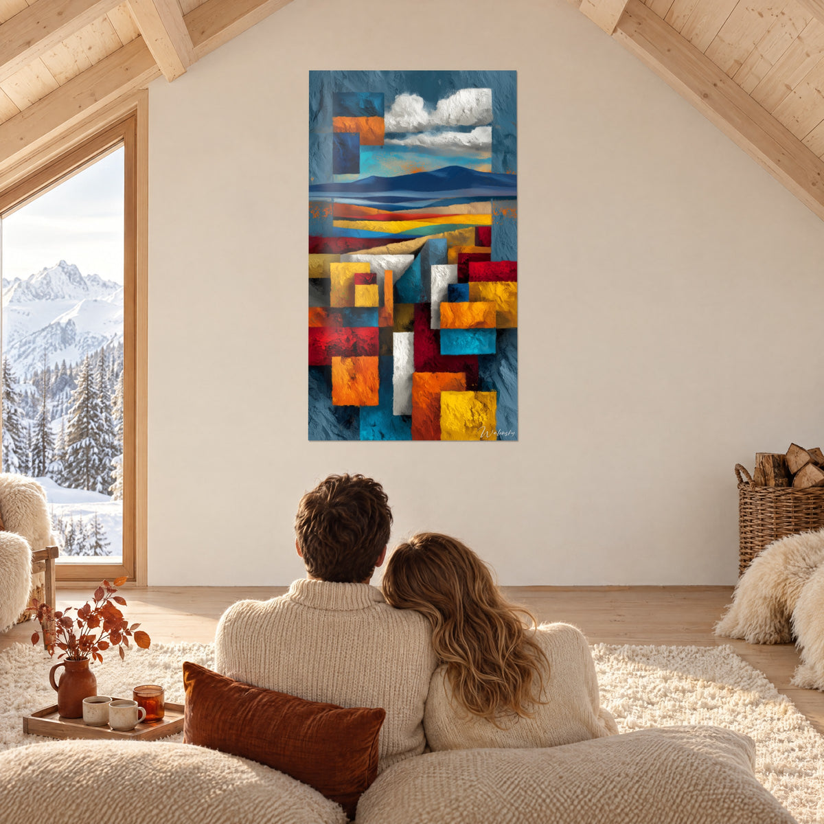 Gemälde mit pastosen Würfeln in Knallrot, Sonnengelb und Türkis unter cremefarbenen Wolken, ein Paar von hinten auf einem Sofa, verschneites Chalet
