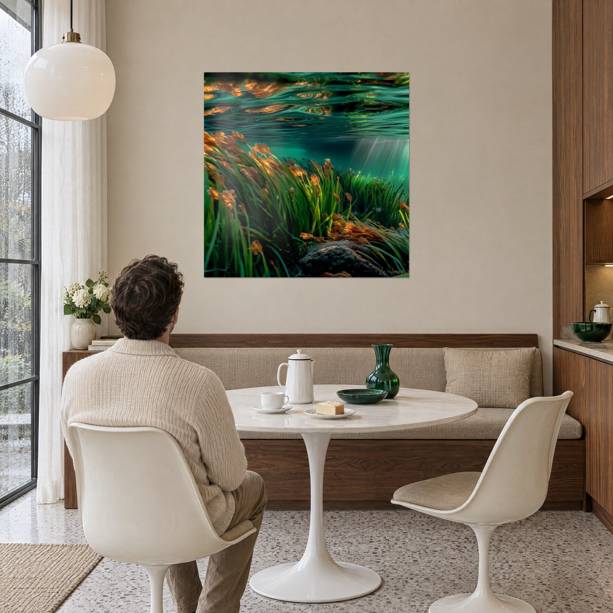 Schilderij kristalhelder water doorkruist door lichtstralen, smaragdgroene algen en golvende oranje bloemen, tegenover een ronde witte tafel