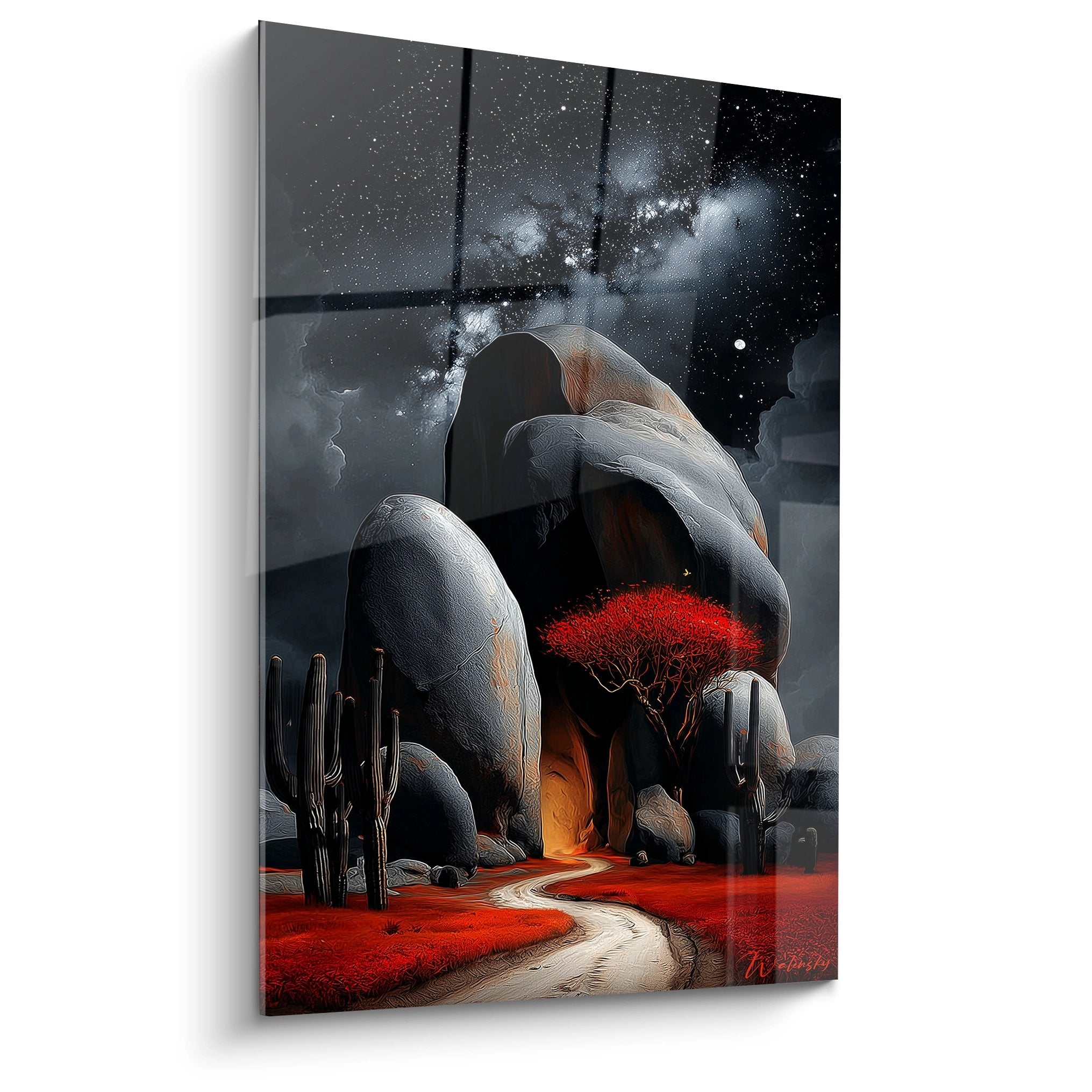 Tableau mural désert fantastique avec arbre rouge mystique sous arche rocheuse et ciel étoilé