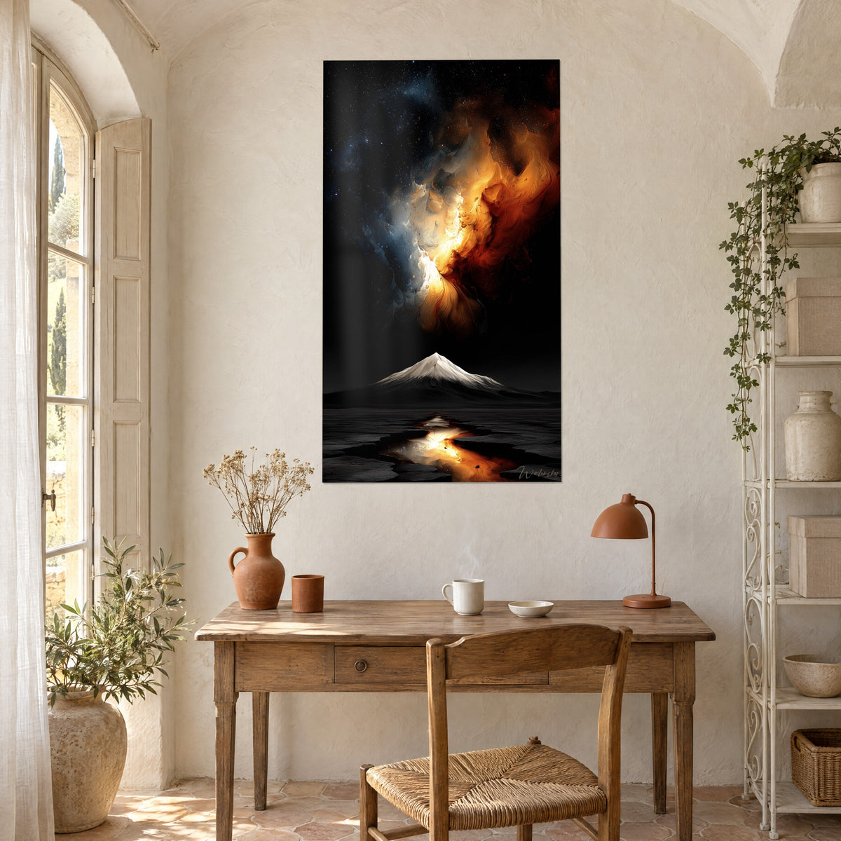 Gemälde Wüstenlandschaft und glühende Galaxie in Kupferrot und Nachtblau, Holzschreibtisch, Terrakotta-Lampe in einem provenzalischen Landhaus