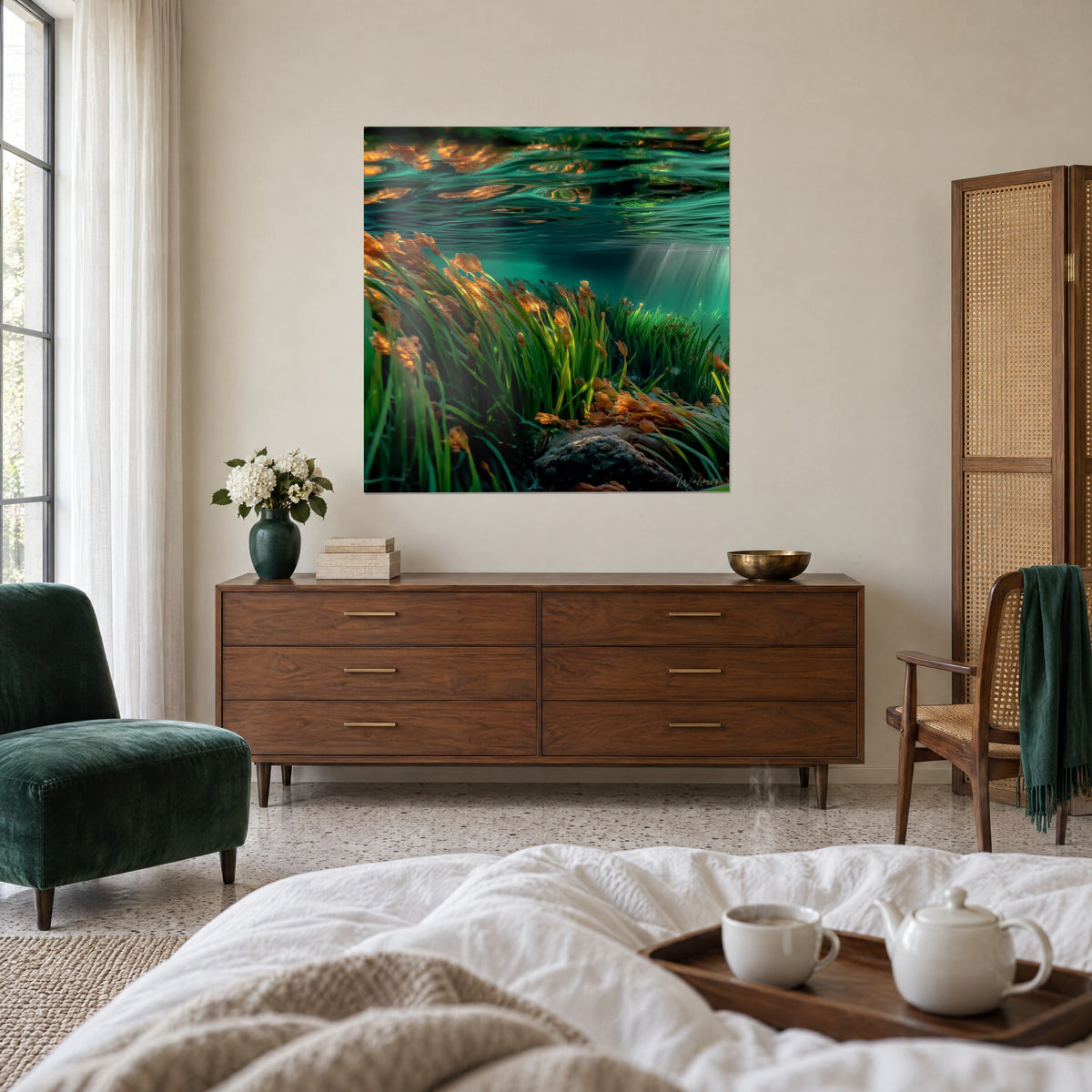 Schilderij ondergedompelde weide met amberkleurige aren op turquoise achtergrond, gouden reflecties aan het oppervlak, boven een bed in een lichte slaapkamer