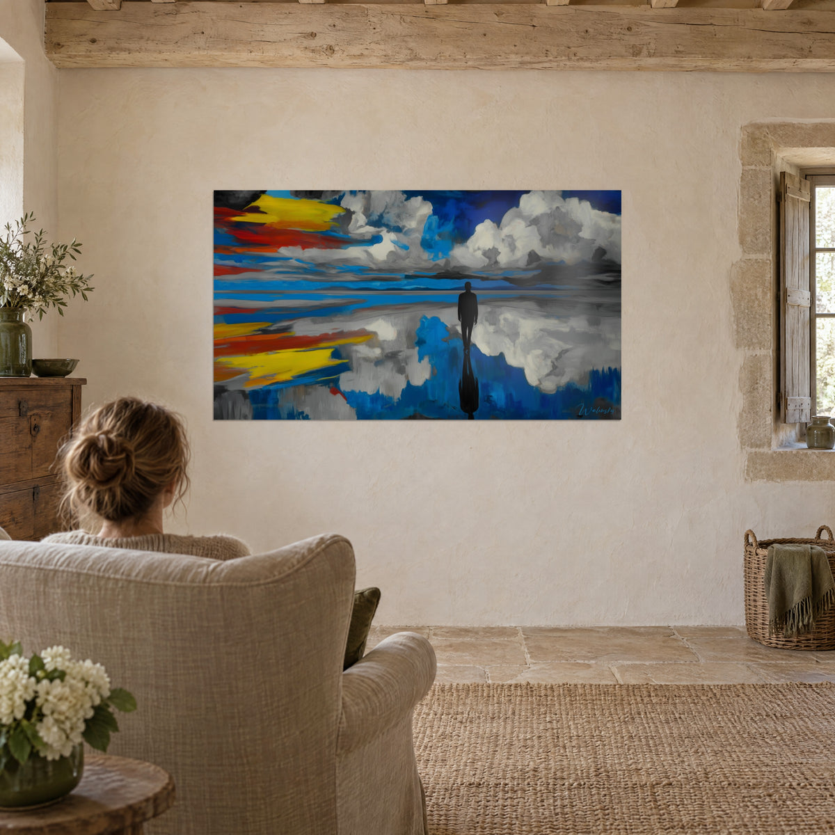 Wall art human shadow at the centre of a lake reflecting the sky, vivid blue, light grey clouds, yellow brushstrokes, living room with lime-washed walls