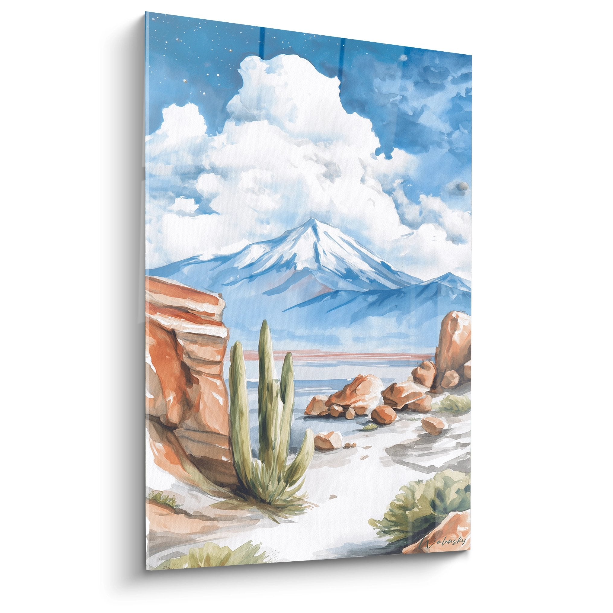 Tableau mural désert avec montagne enneigée, cactus et formations rocheuses ocre sous ciel étoilé